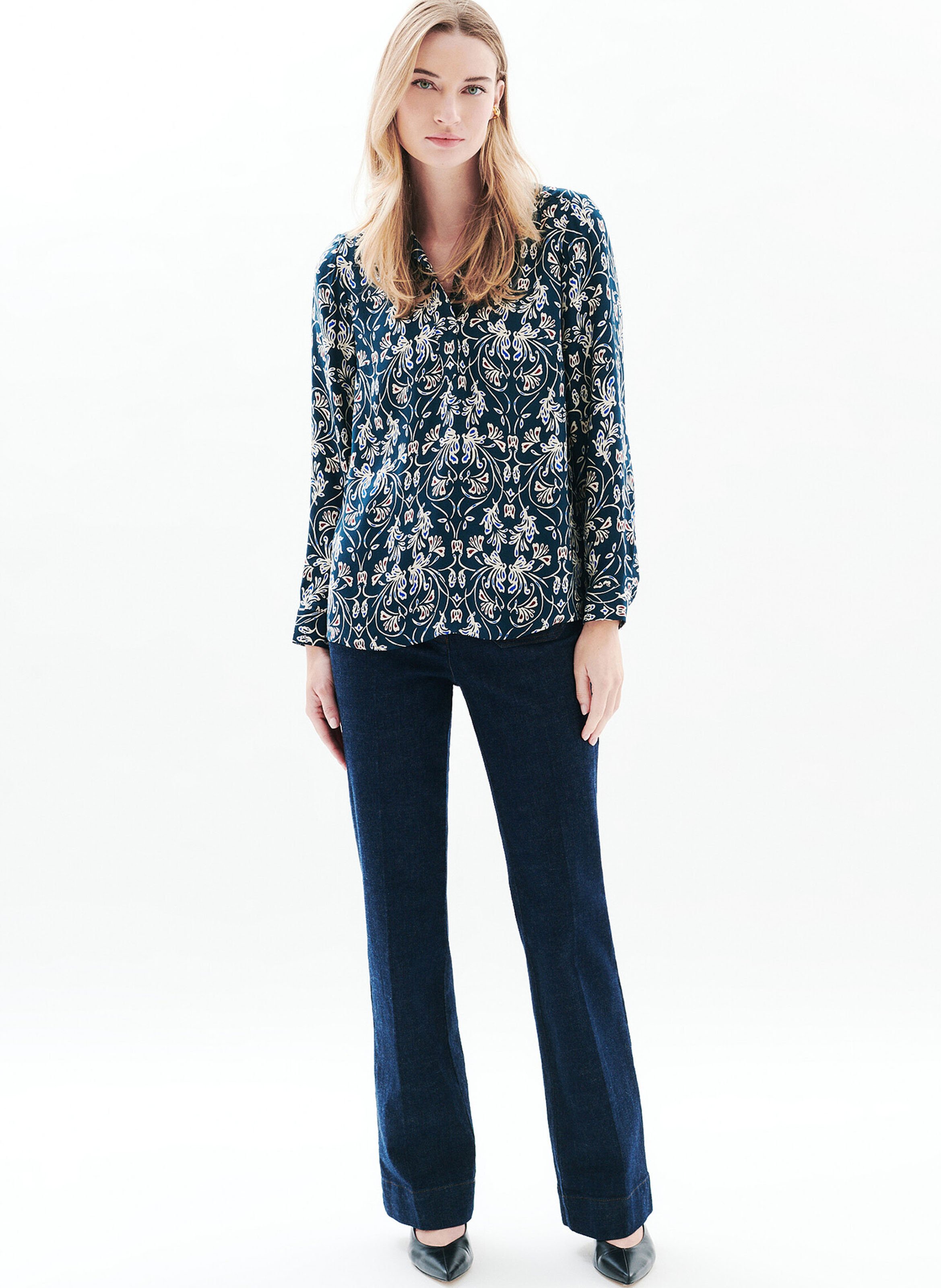Straight V-neck printed blouse CAROLL Blue