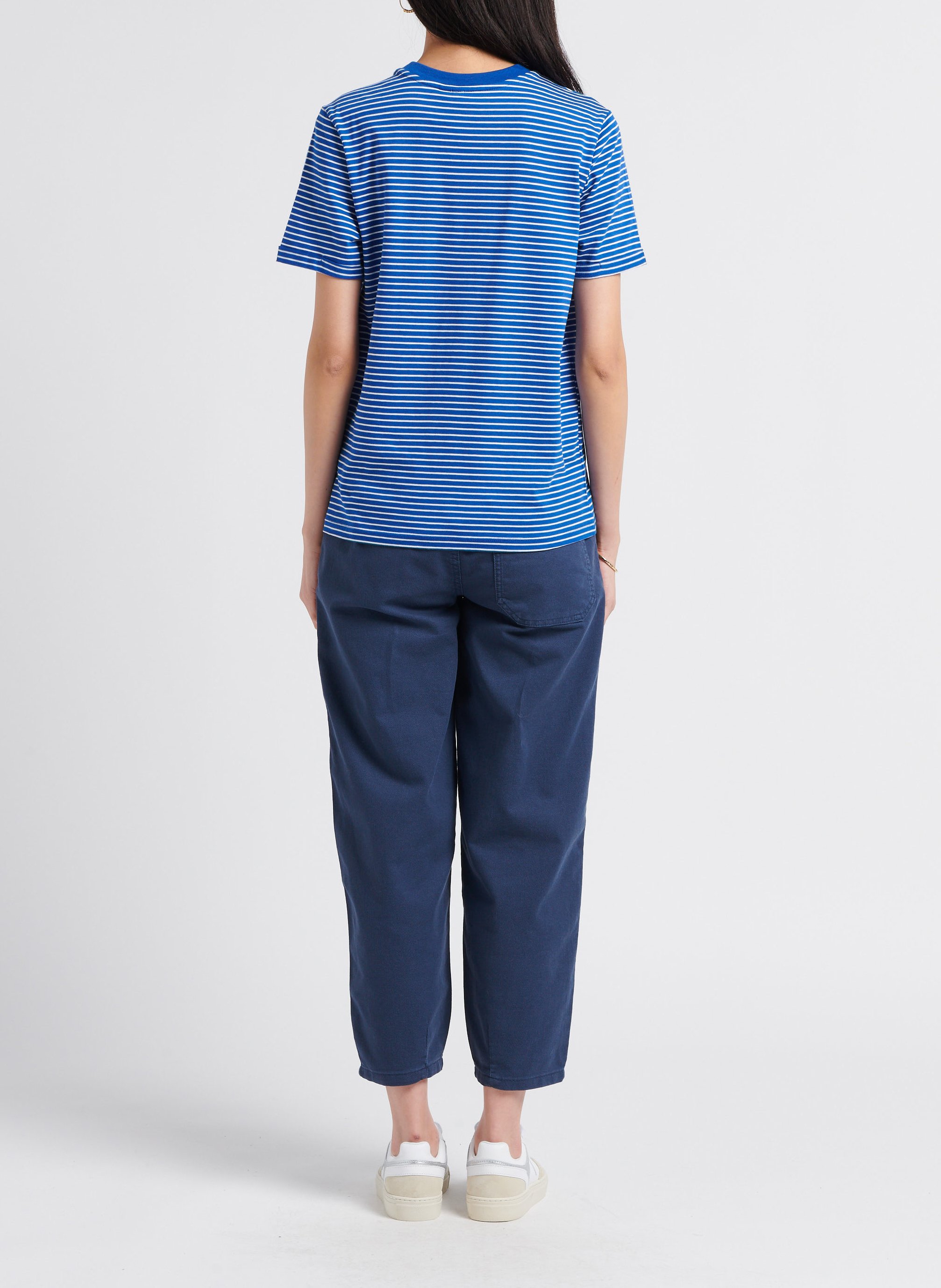 Gestreiftes Baumwoll-T-Shirt mit Siebdruck PIECES Blau