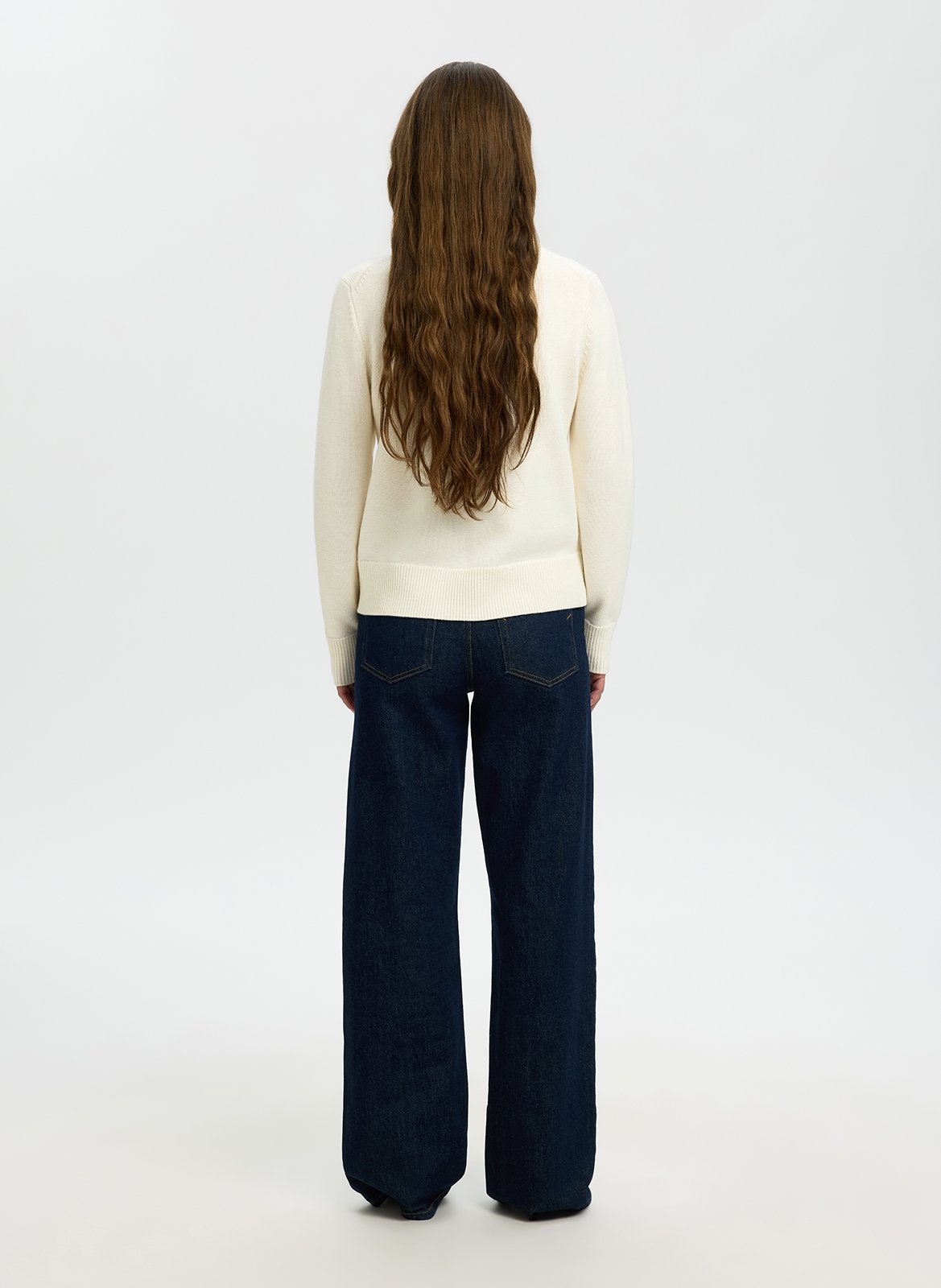 Lange mouwen polo in effen tricot SELECTED Wit