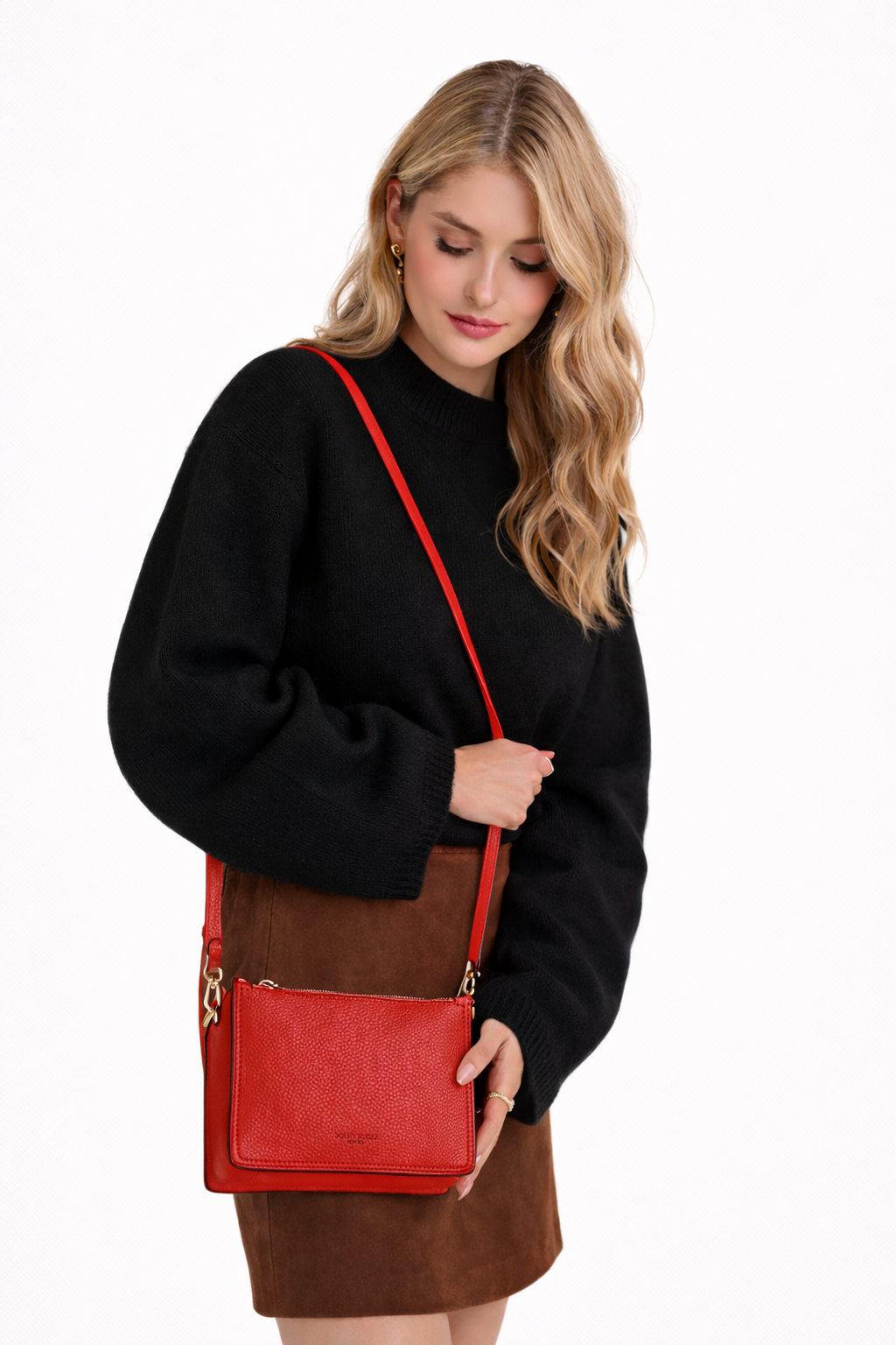 Large leather crossbody bag Red