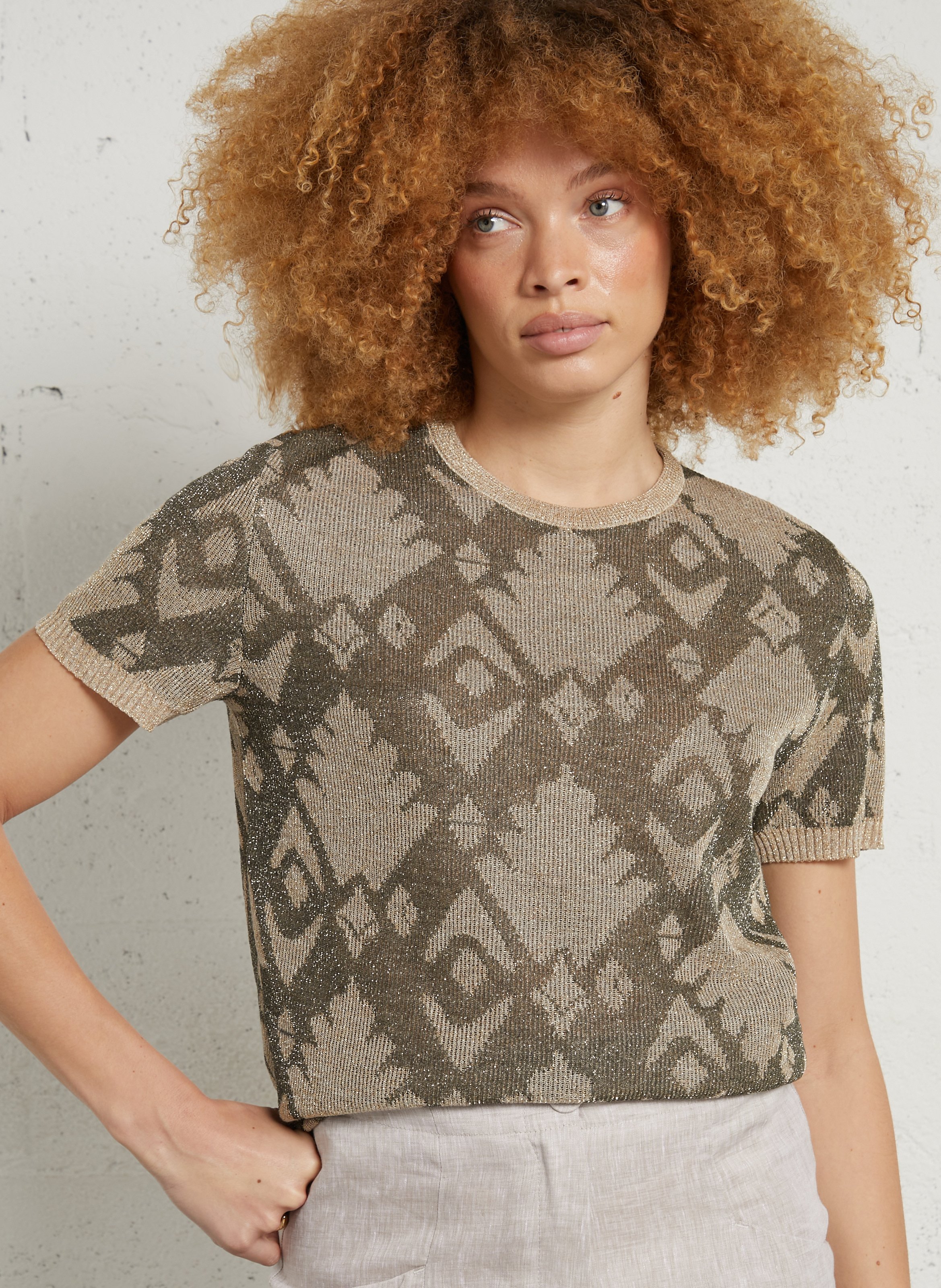 Straight round neck sweater in printed knit MOMONI Green