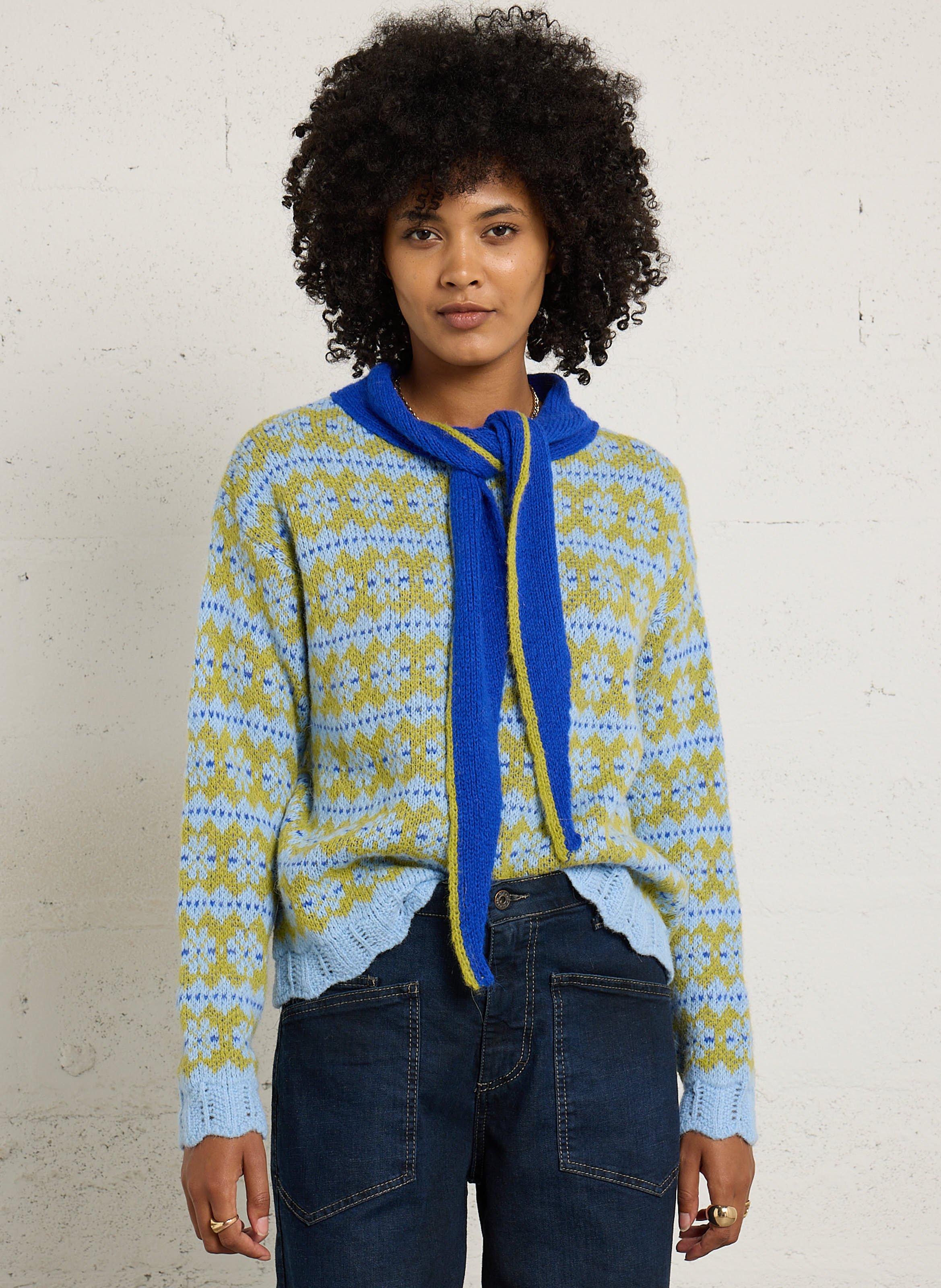 Pull droit col lavallière en maille imprimée DR BLOOM Bleu