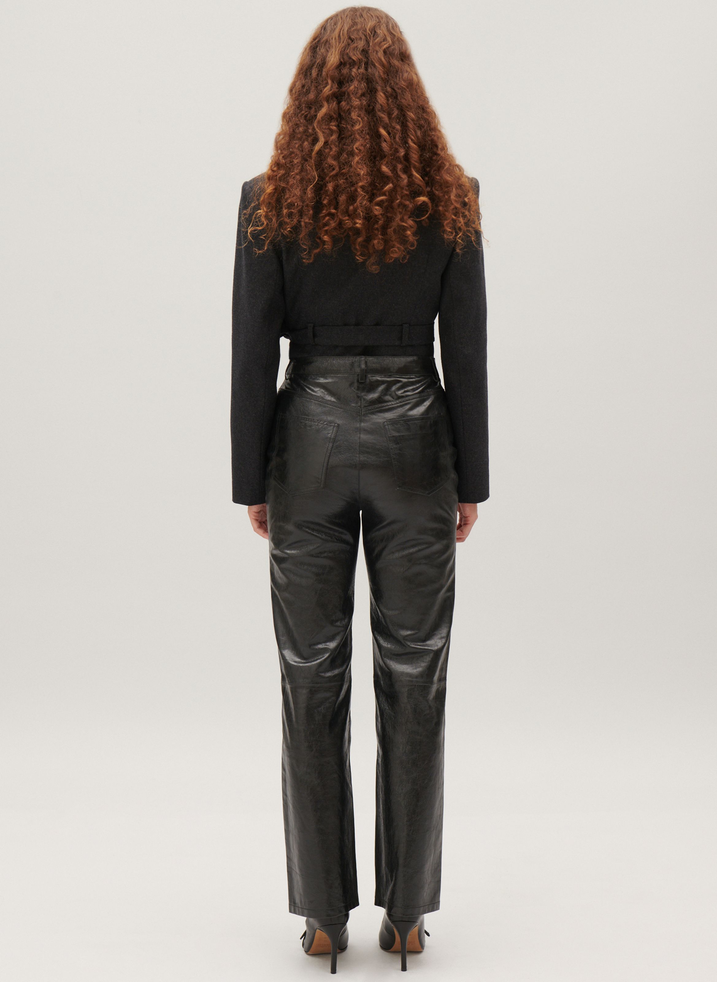 Black Mid rise straight leg lamb leather pants