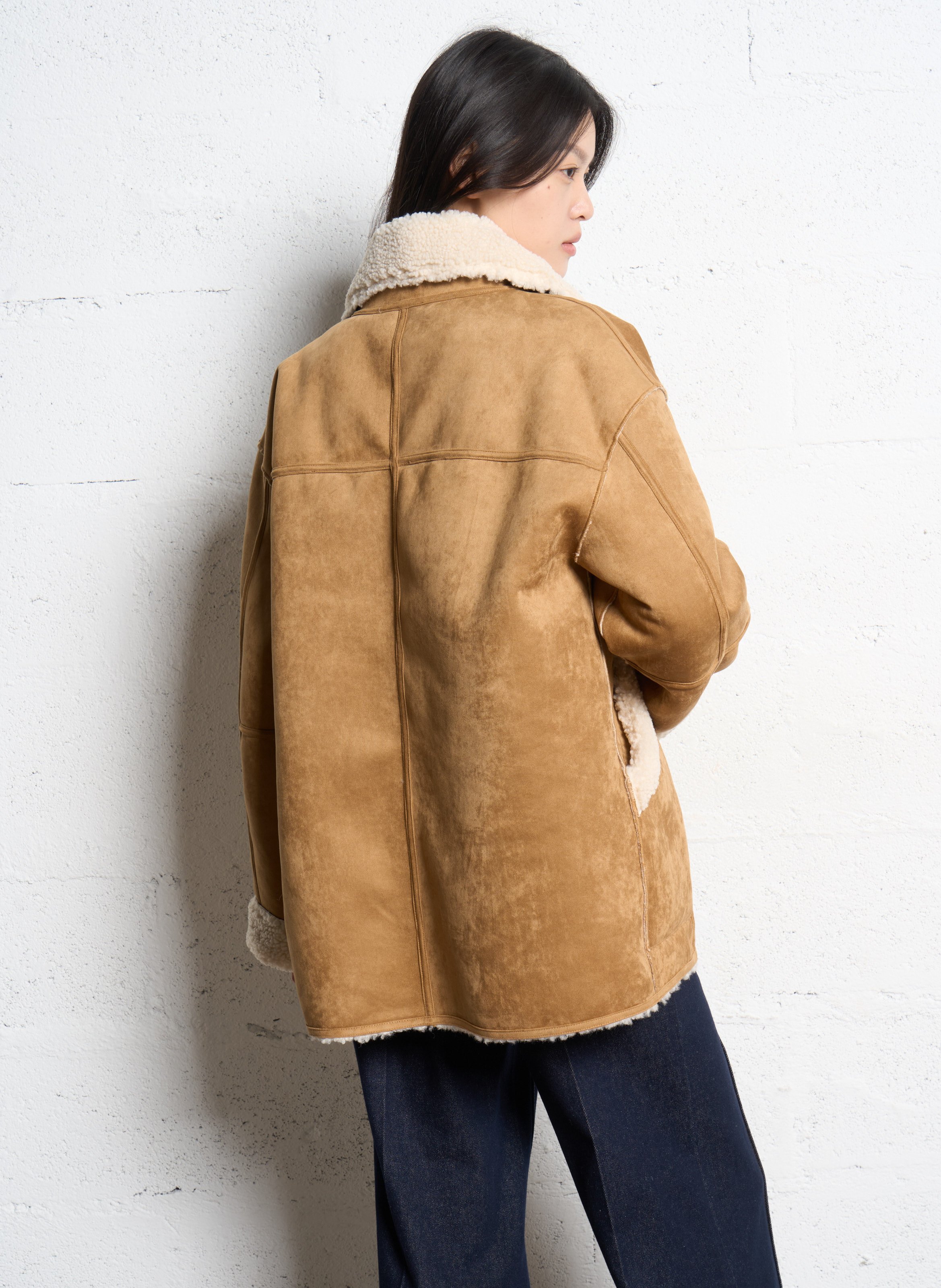 Manteau droit suédé à détails sherpa SUNCOO Beige