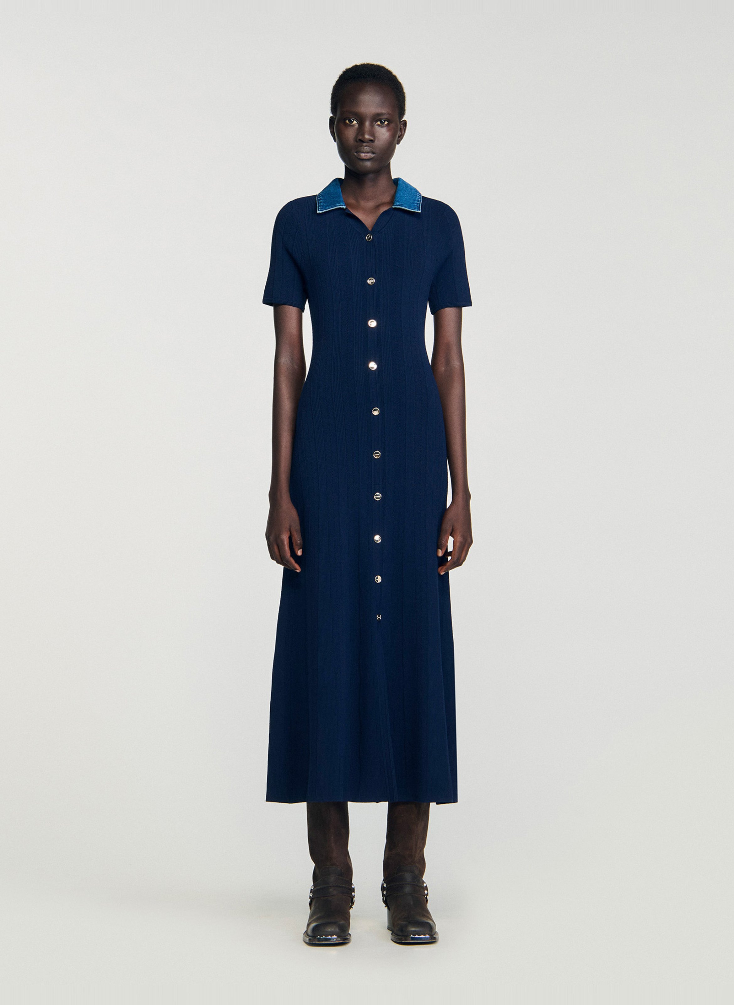 Robe longue ajustée col classique SANDRO Bleu