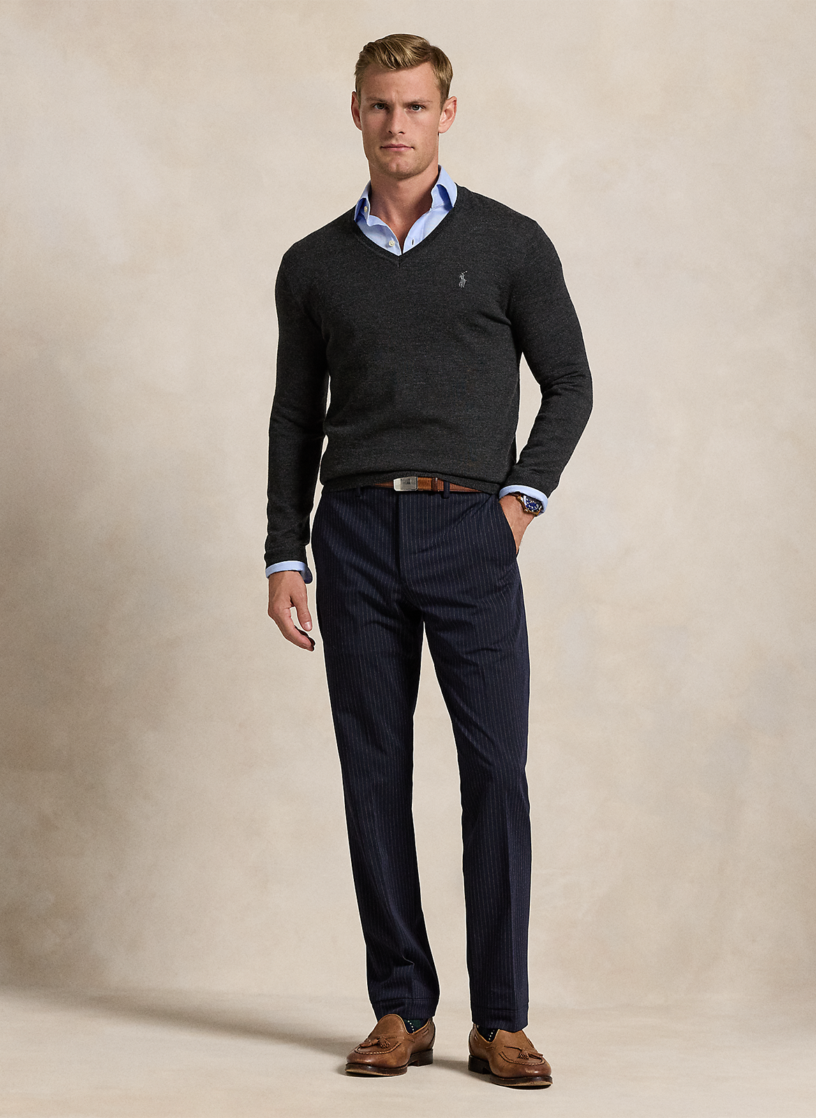 Pull col V en laine POLO RALPH LAUREN Gris