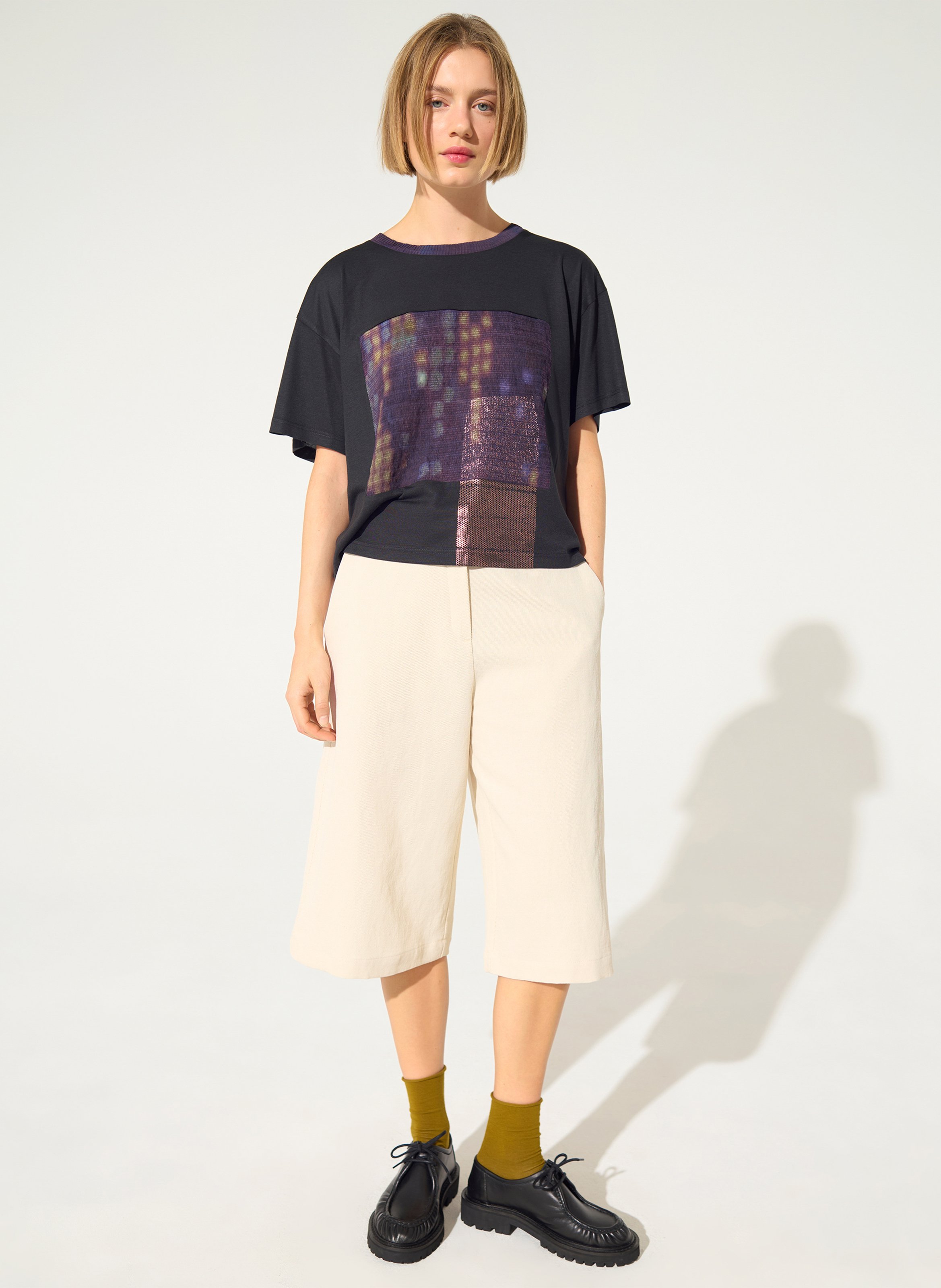 Round neck printed flowy t-shirt COTELAC Purple