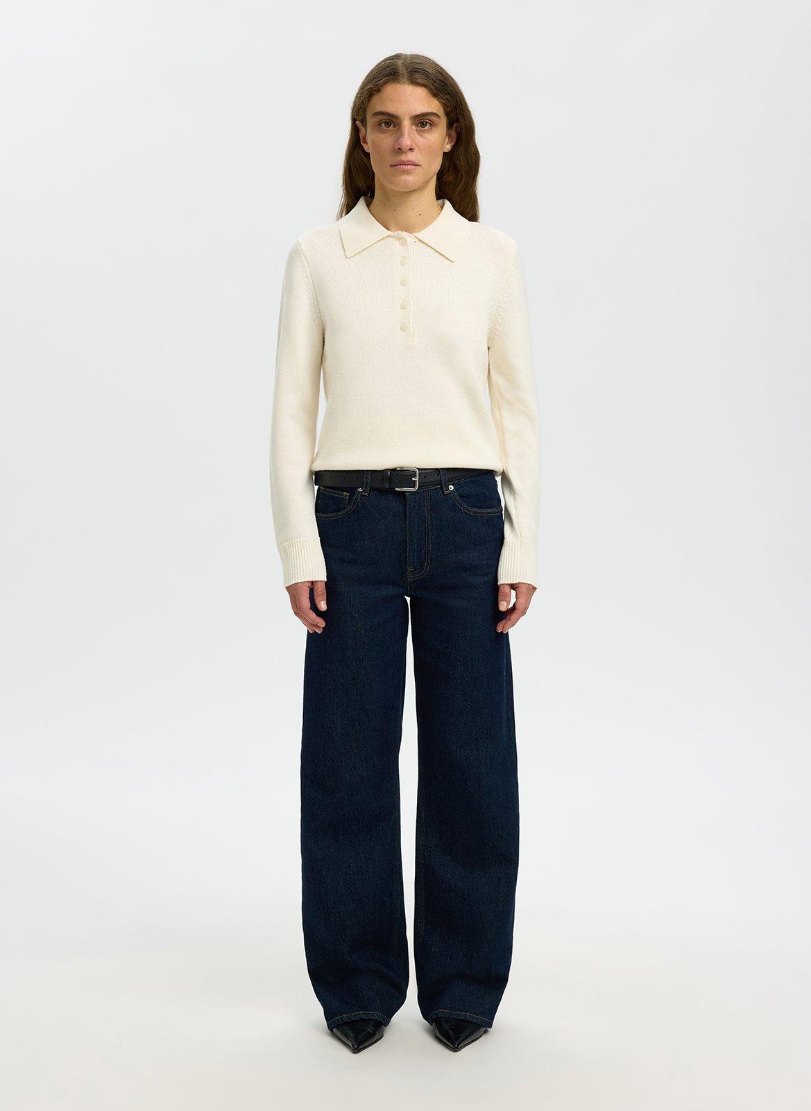 Lange mouwen polo in effen tricot SELECTED Wit