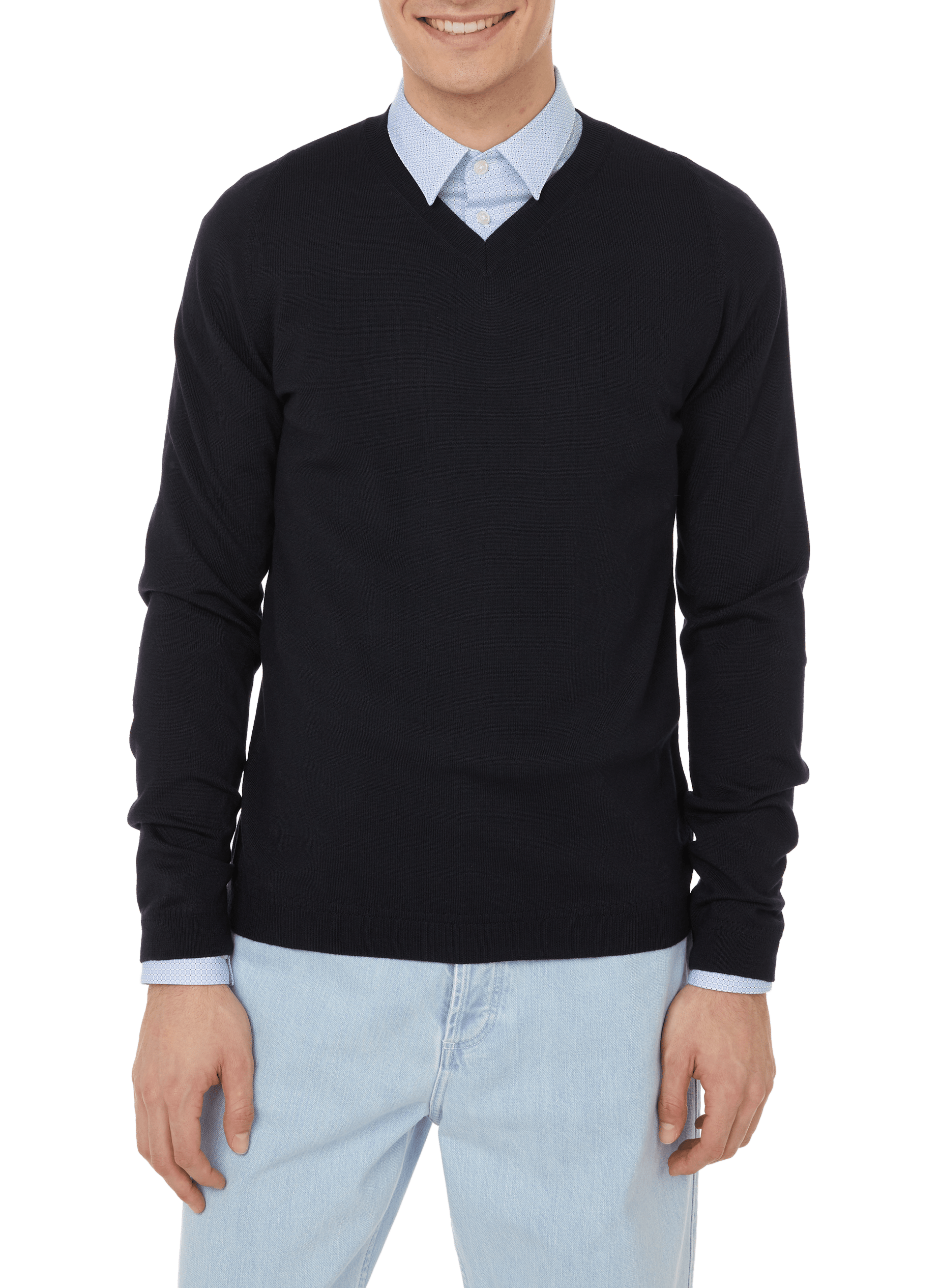 Pull col v en laine mérinos AU PRINTEMPS PARIS Bleu