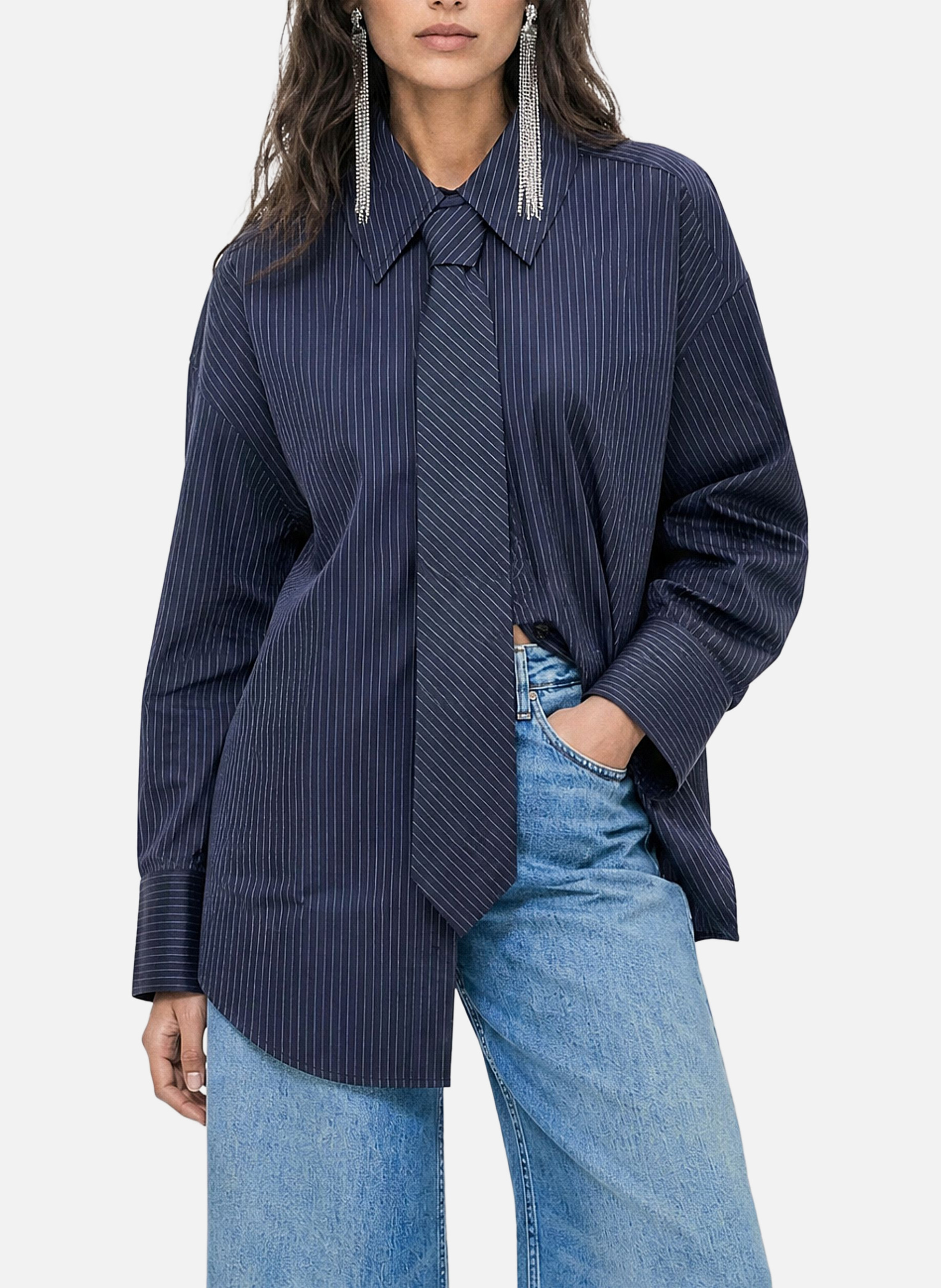 Striped cotton shirt with tie | Blue THE KOOPLES Women