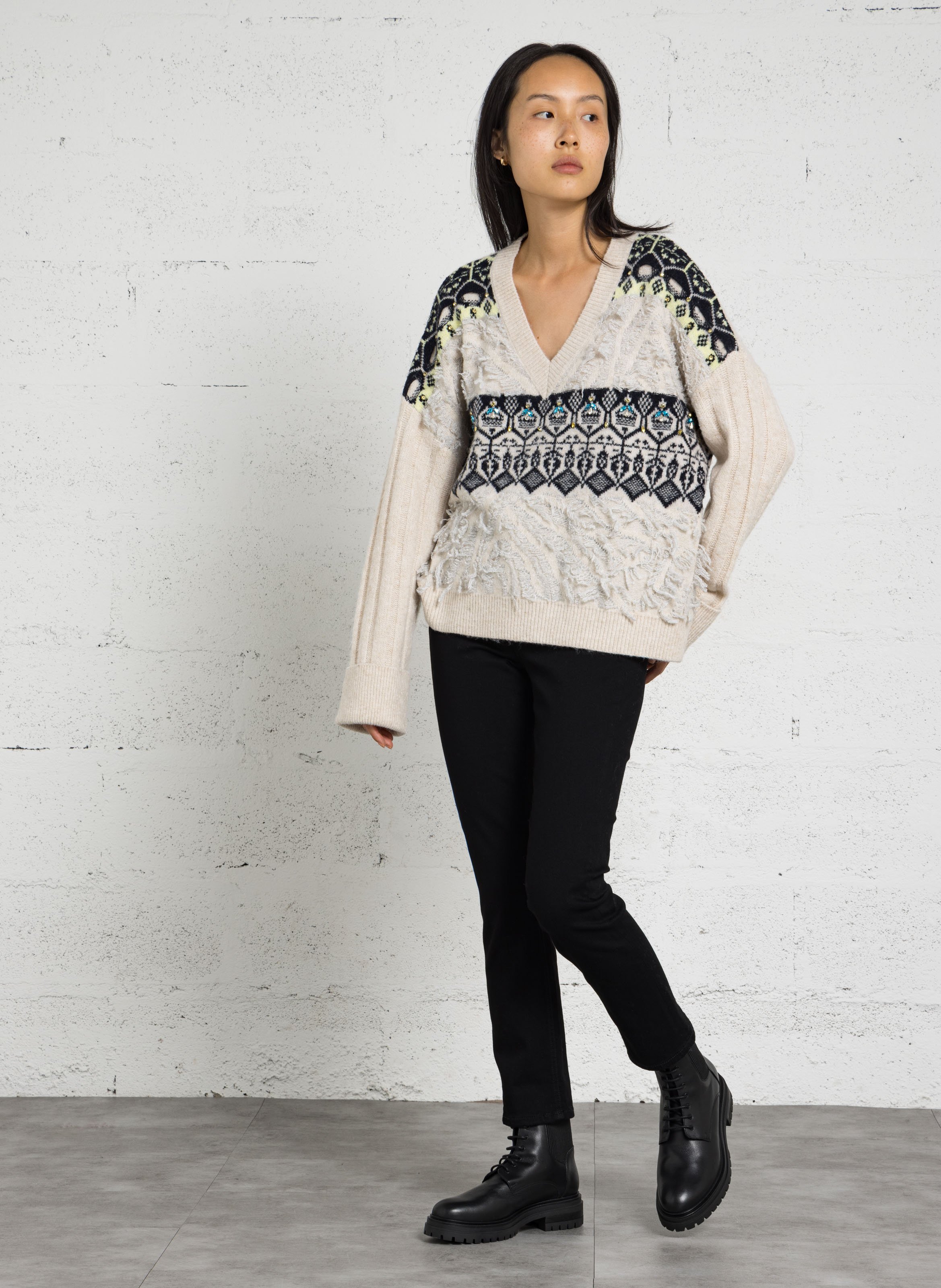Ample V-neck sweater with rhinestone details LIU JO Multicolored