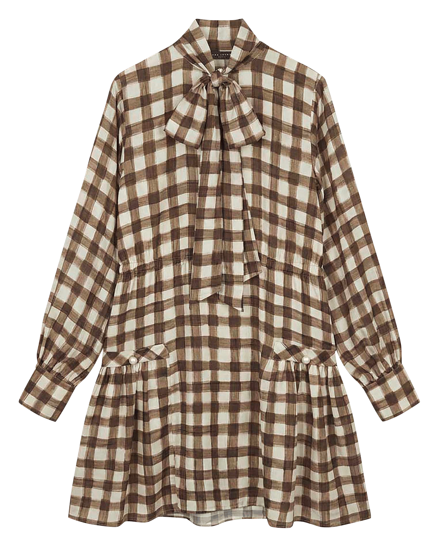 Vestido corto con cuello lazado y cuadros TARA JARMON Beige