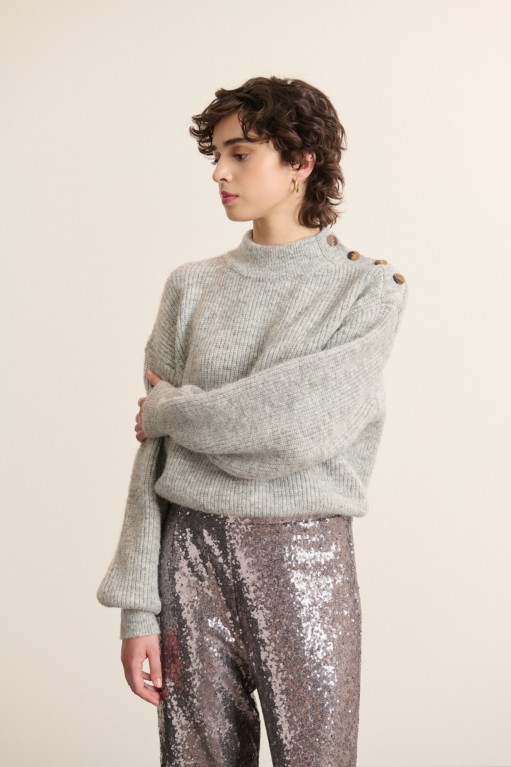 High neck buttoned wool blend sweater GARANCE PARIS Grey