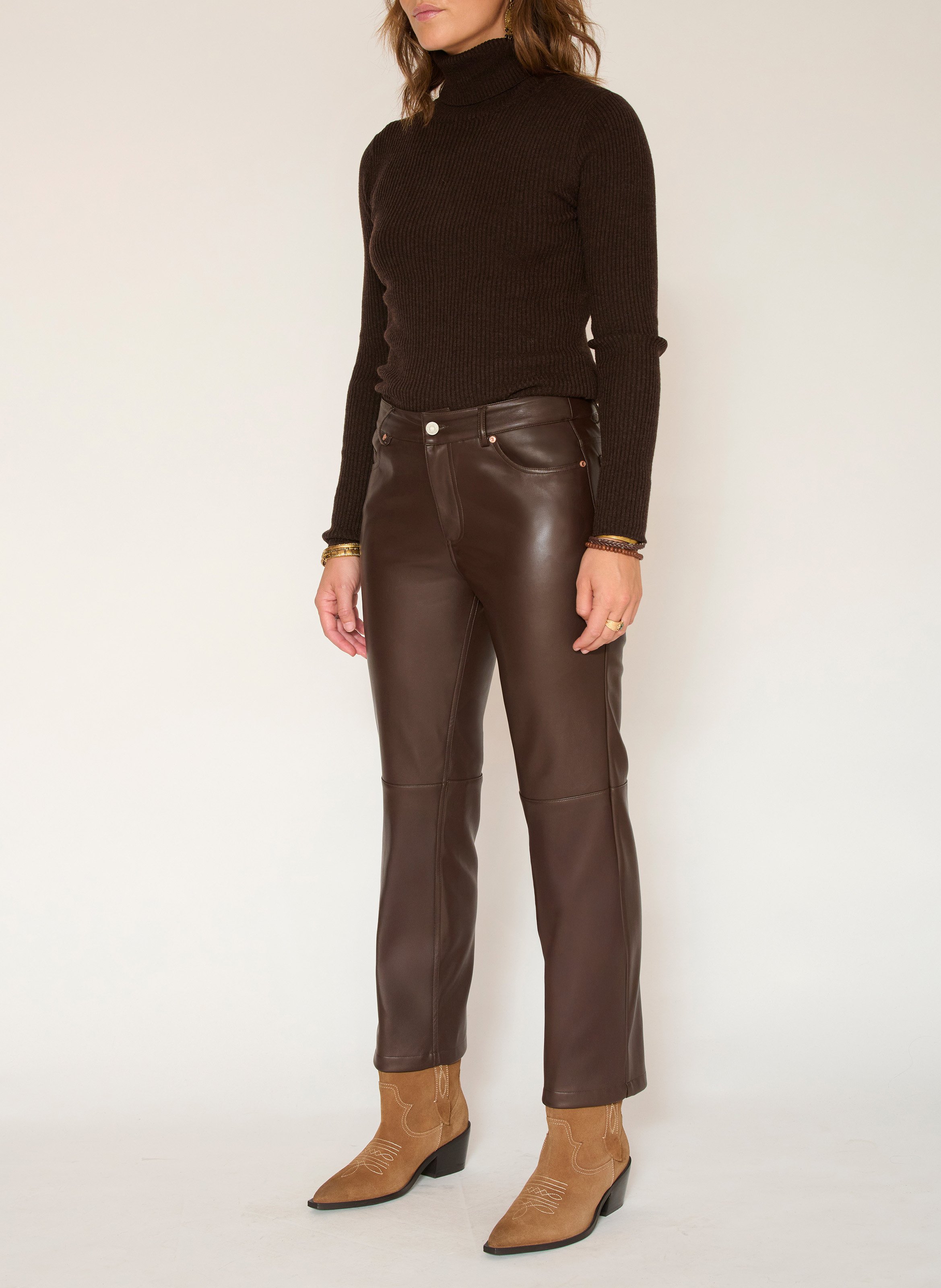 Pantalon droit effet cuir MKT Marron