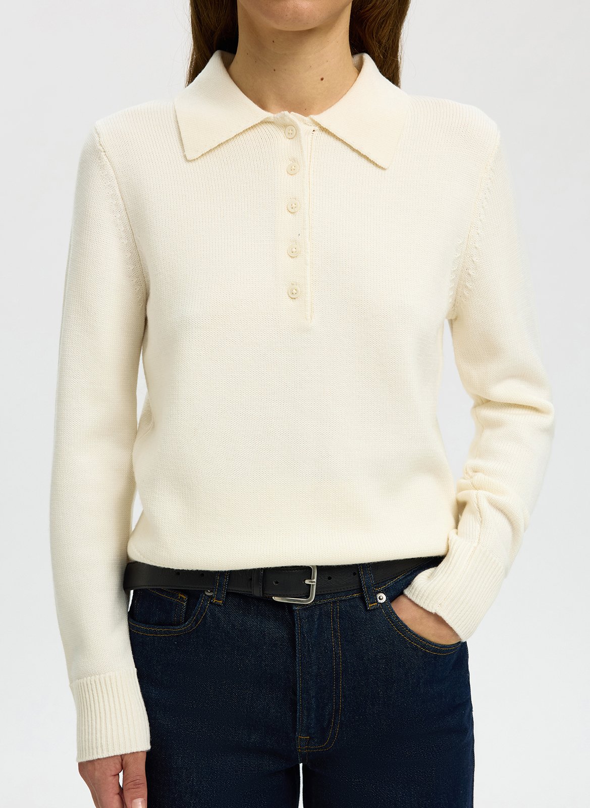 Lange mouwen polo in effen tricot SELECTED Wit