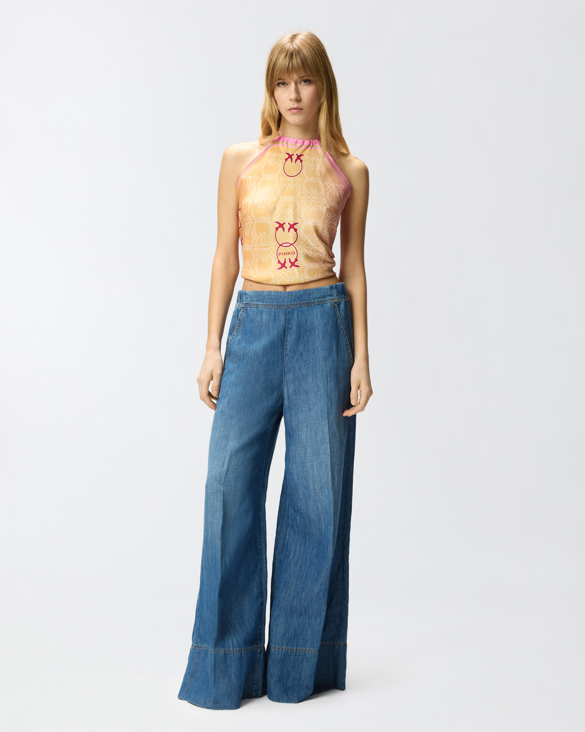 Pantalon large en denim de lin mélangé PINKO Bleu