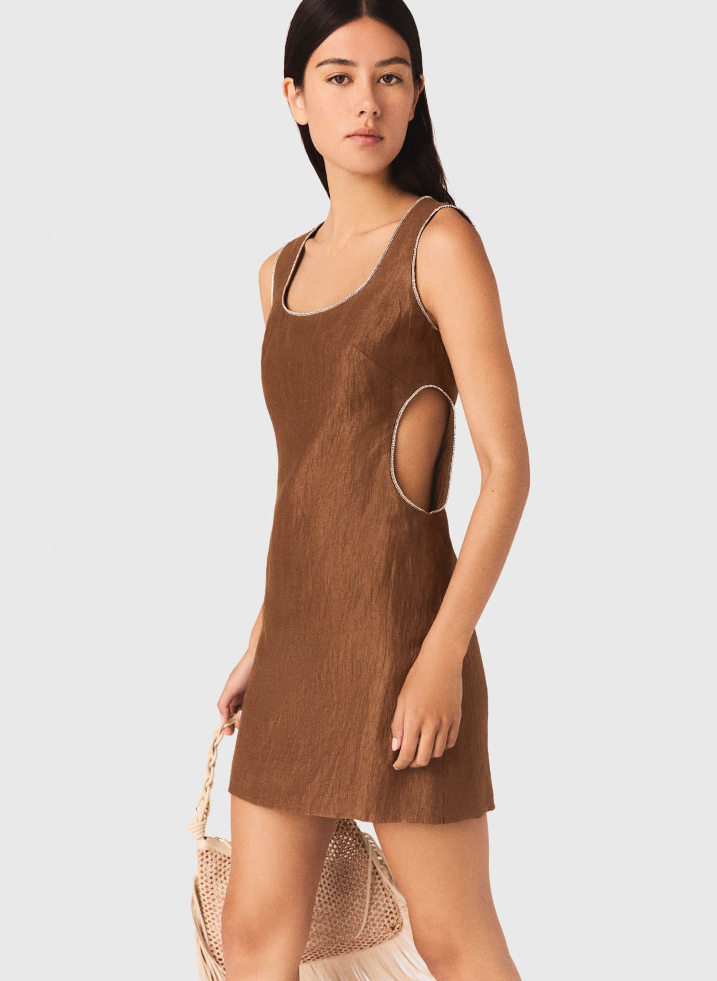 Robe courte à découpes en lin mélangée MAJE Marron