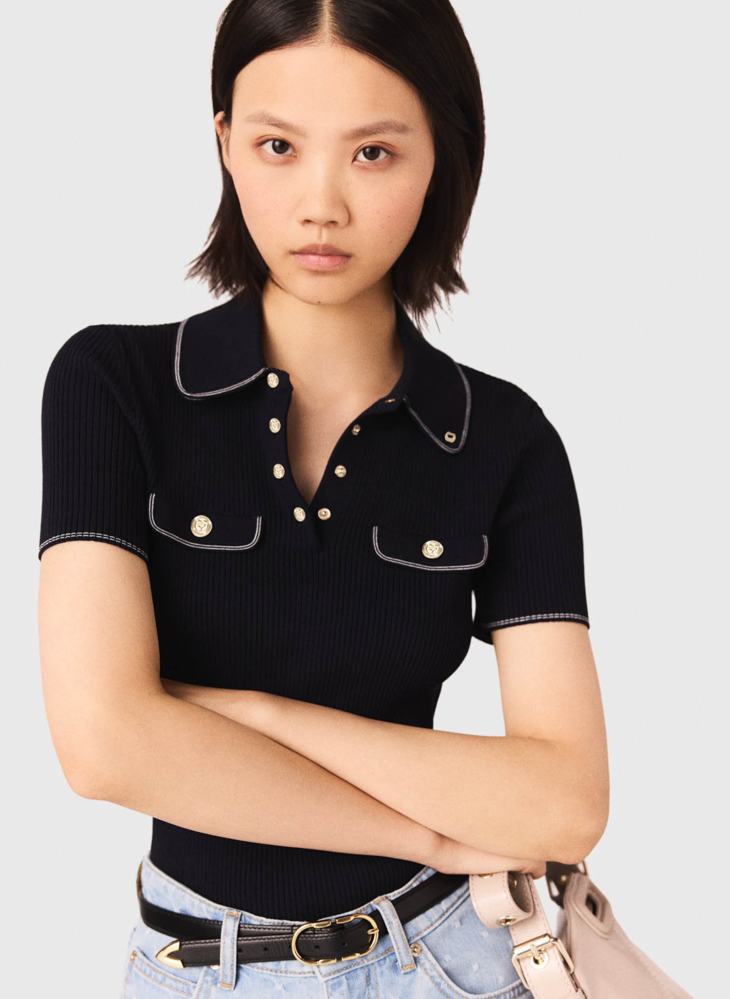 Pull ajusté col polo MAJE Bleu