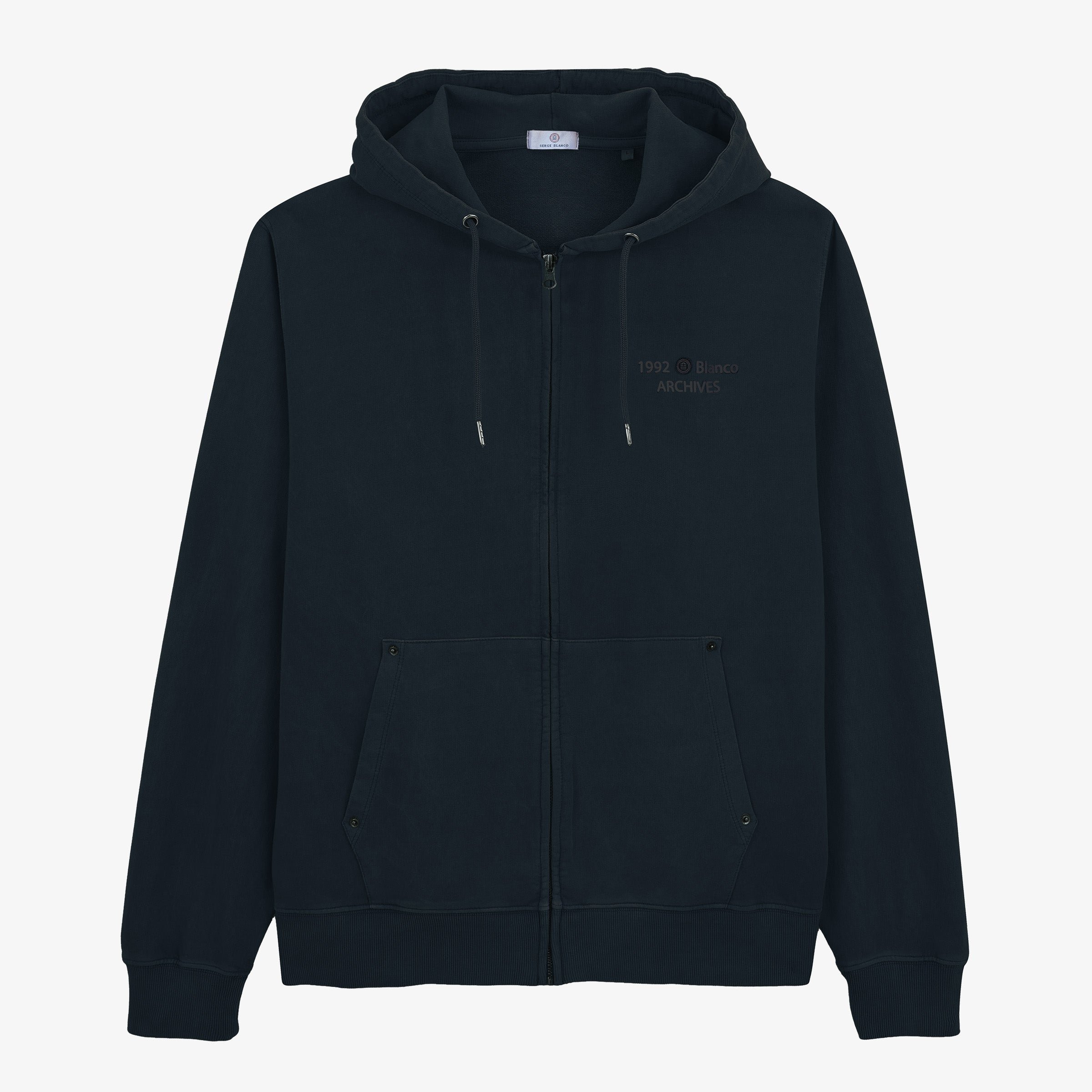 Sweat à capuche zippé teinture old en coton SERGE BLANCO Bleu