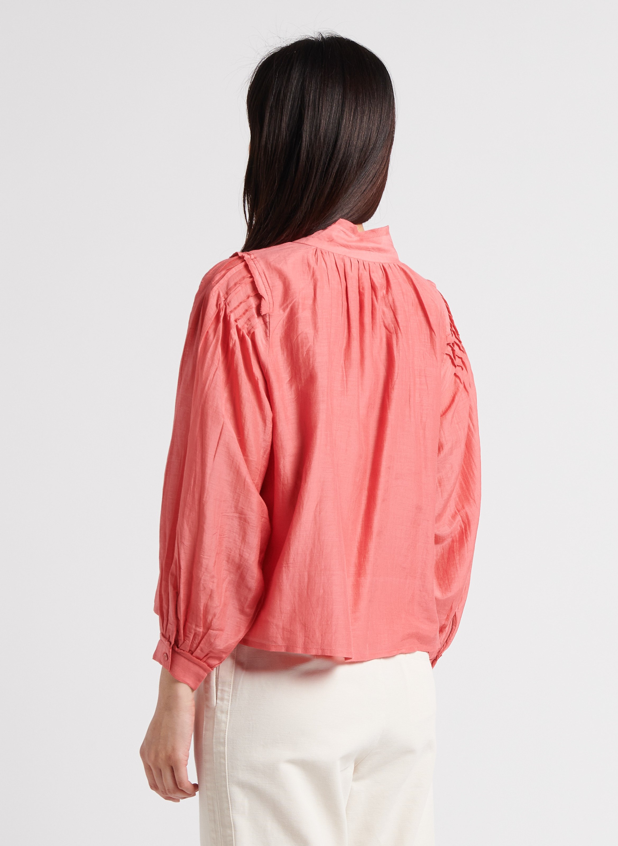 Blouse ample col montant en coton et soie mélangé BELLEPIECE Rose