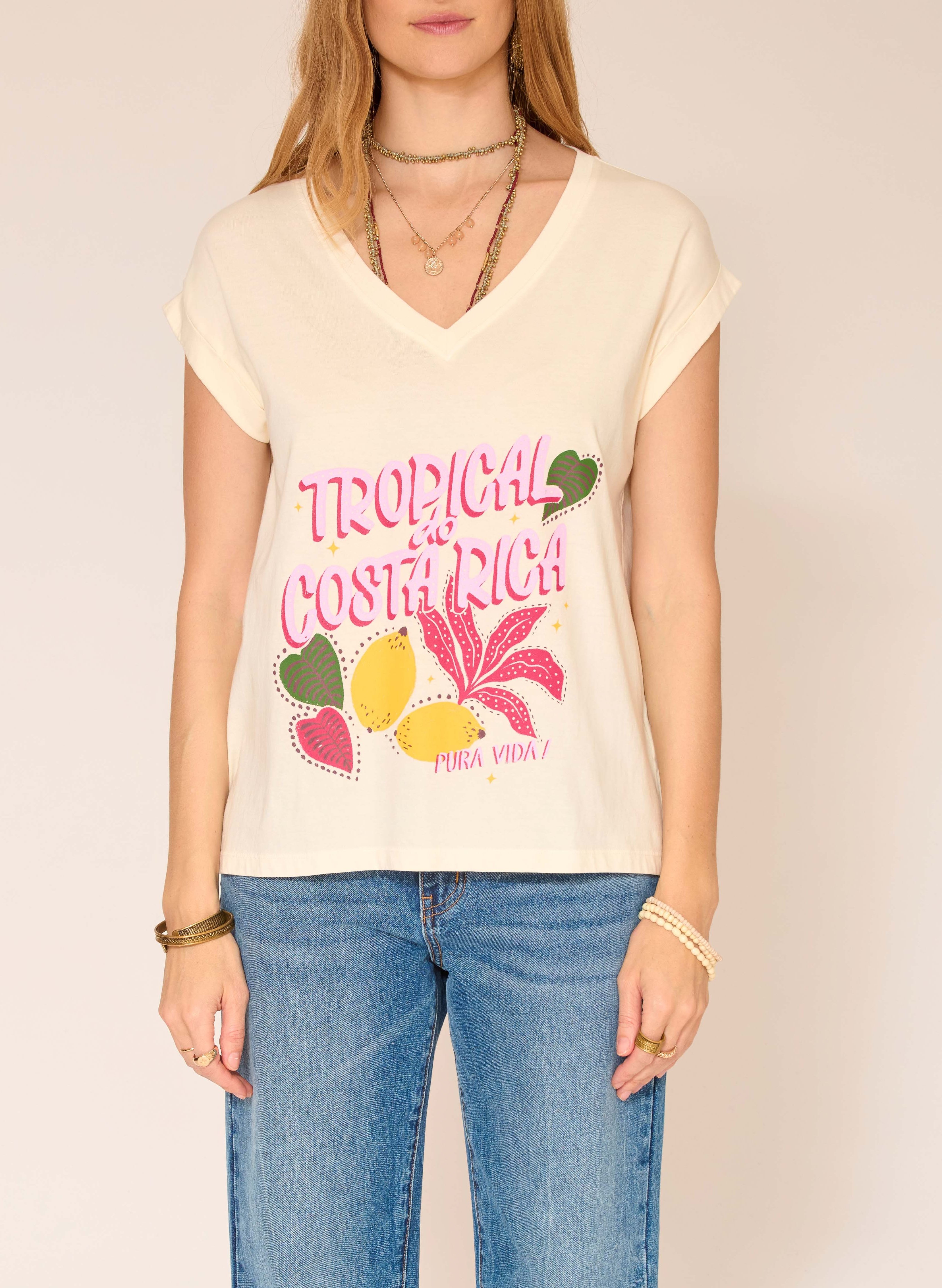 Katoenen t-Shirt met v-Hals en print Natural Mkt Dames Place