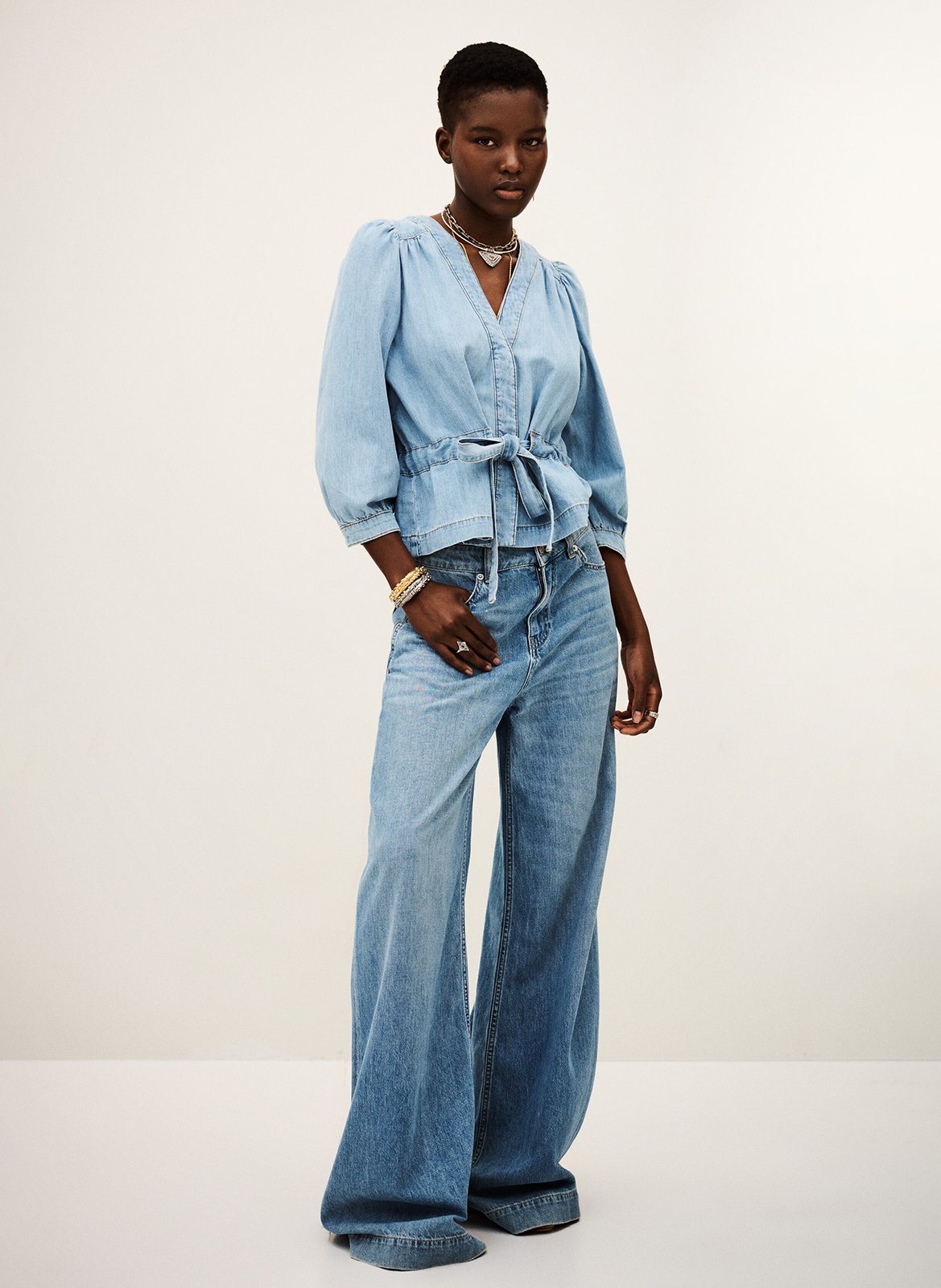 Straight cotton V-neck top BA&amp;SH Blue