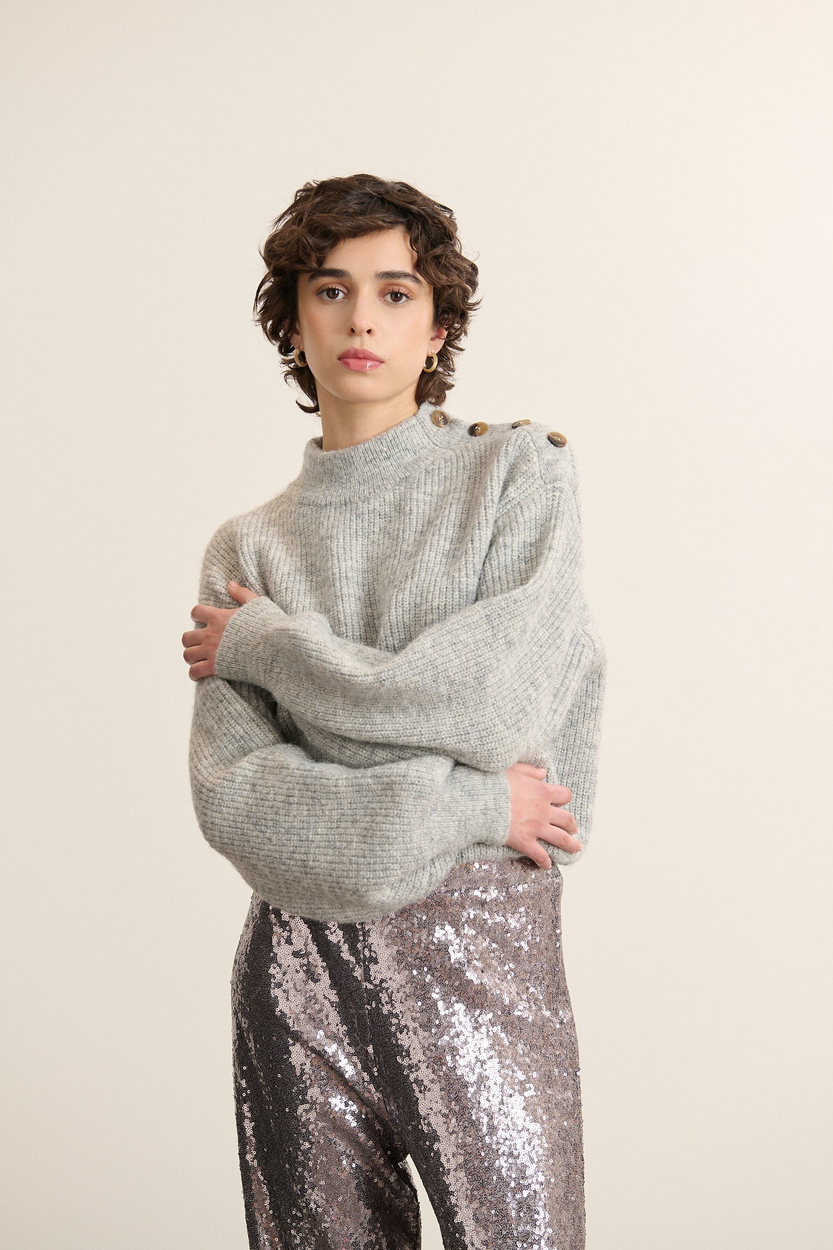 High neck buttoned wool blend sweater GARANCE PARIS Grey