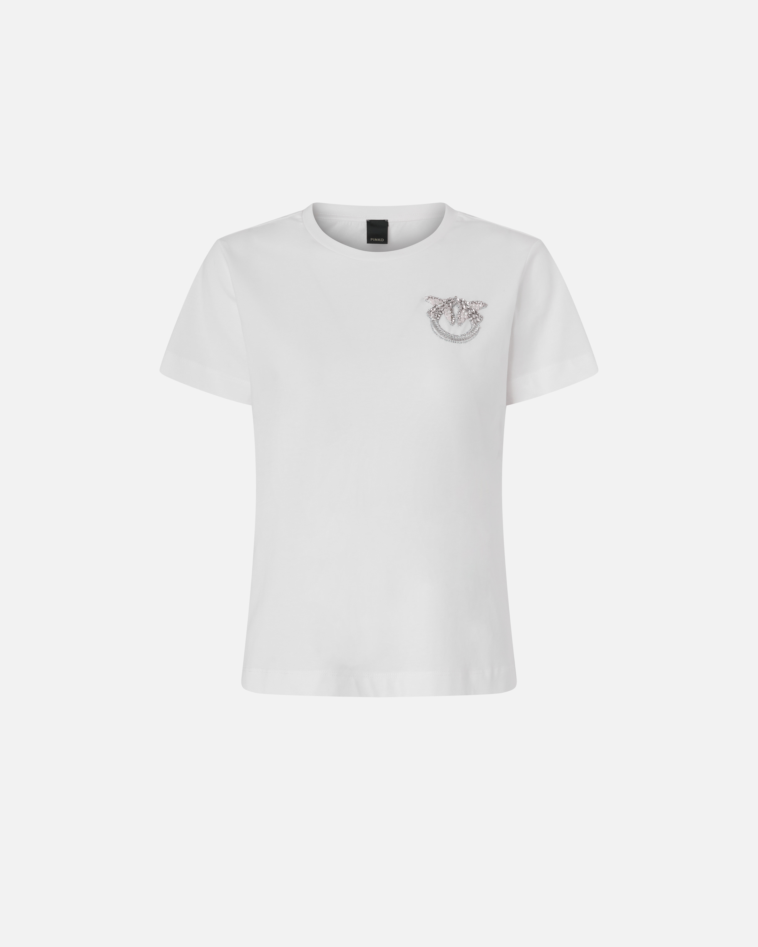 T-shirt with embroidered love birds monogram logo with crystals.  Blanc