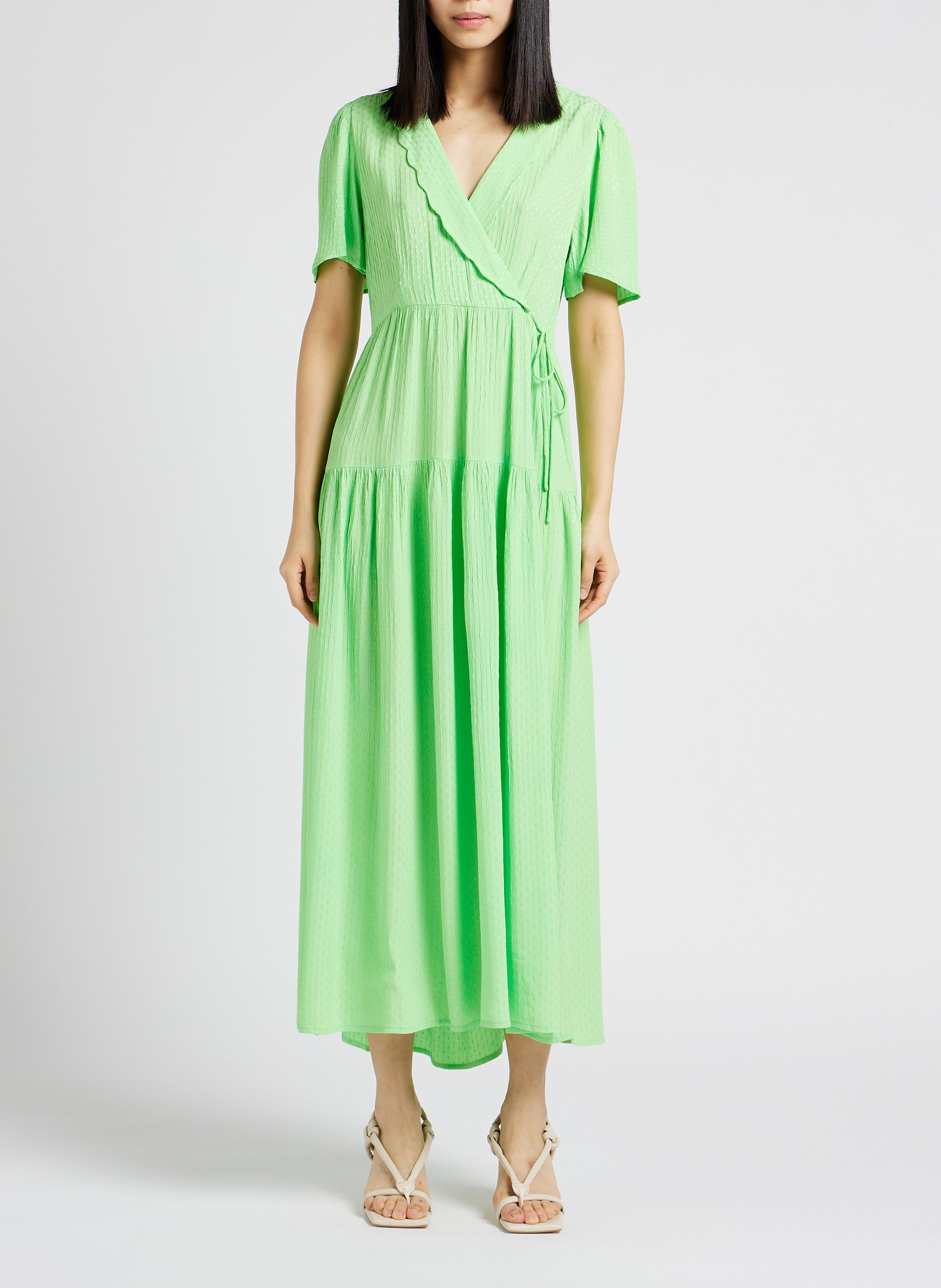 Lange jurk met V-hals en volants YAS Groen