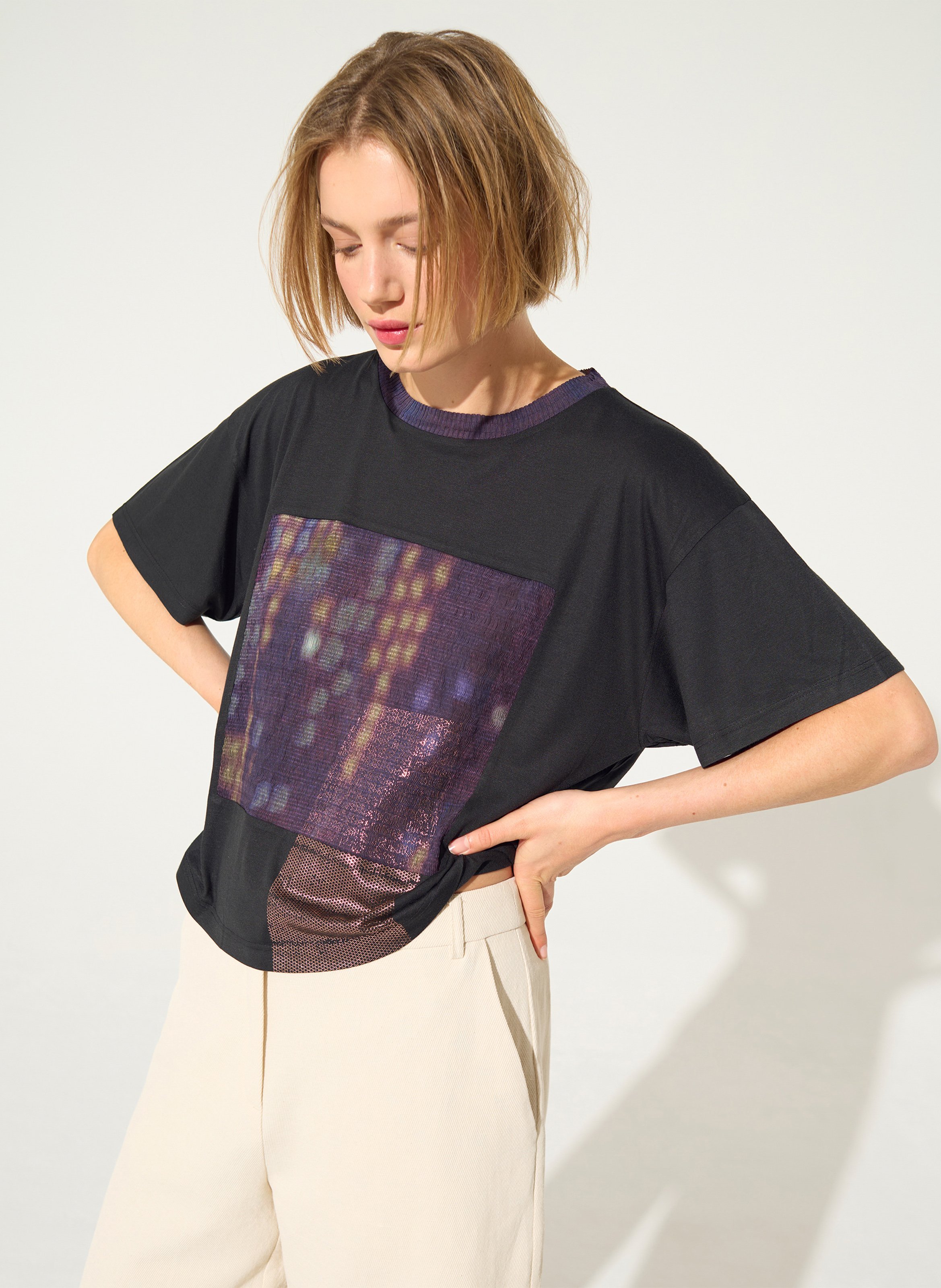 Round neck printed flowy t-shirt COTELAC Purple