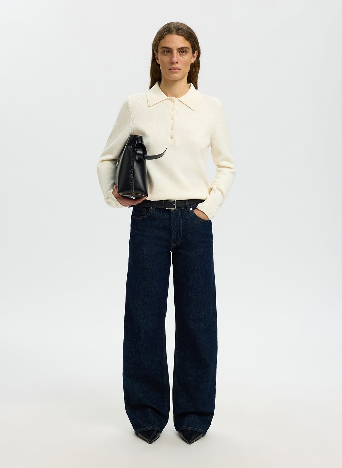 Lange mouwen polo in effen tricot SELECTED Wit