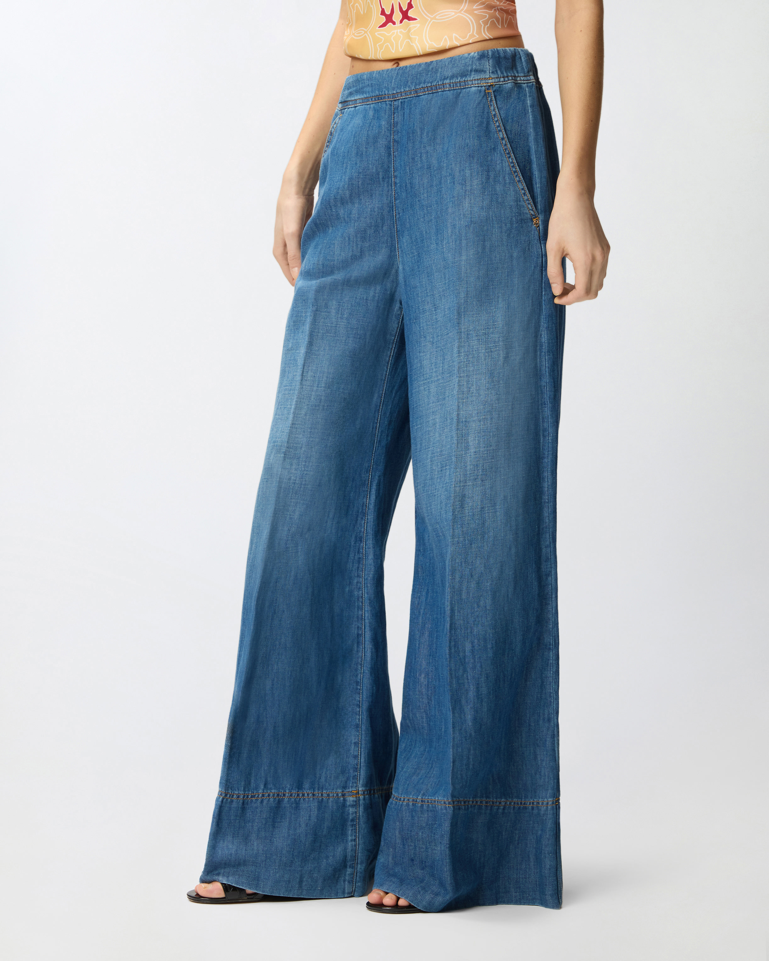 Pantalon large en denim de lin mélangé PINKO Bleu