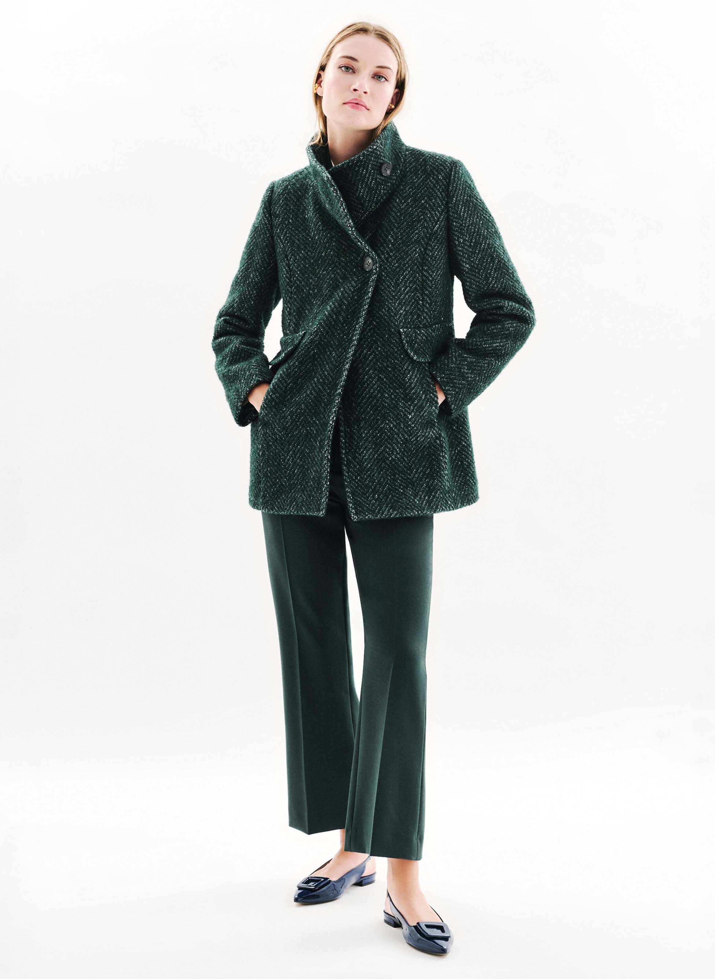 Manteau droit en laine recyclée mélangée CAROLL Vert
