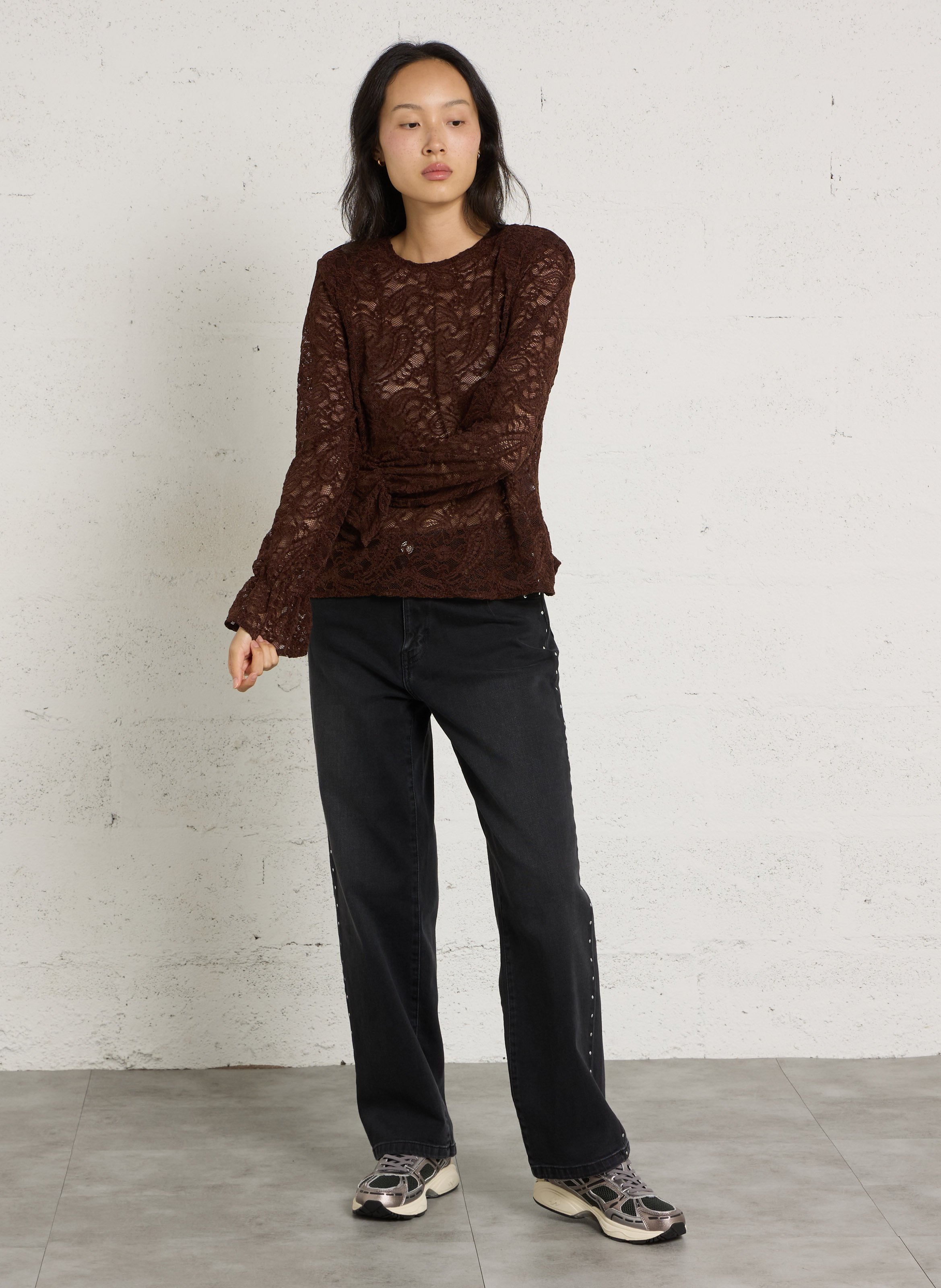 Top droit manches longues en dentelle PLEASE Marron
