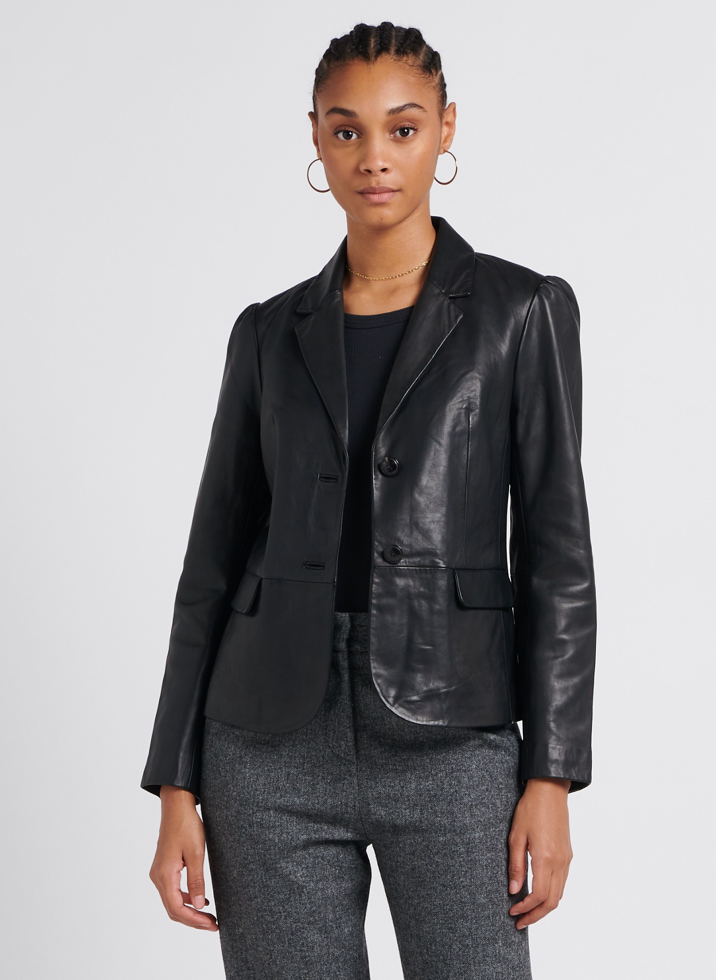 Veste en cuir droite col tailleur Noir