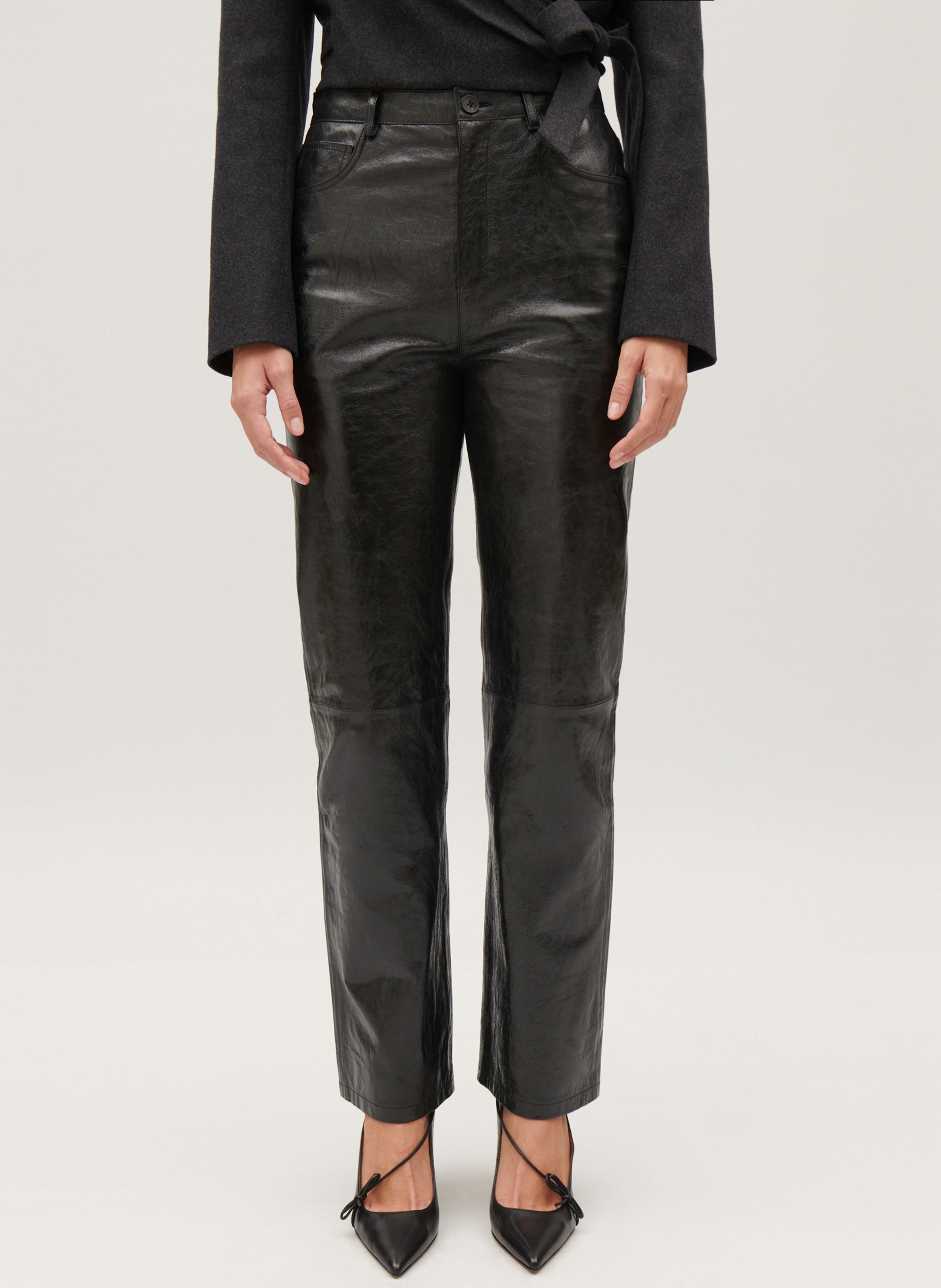 Black Mid rise straight leg lamb leather pants