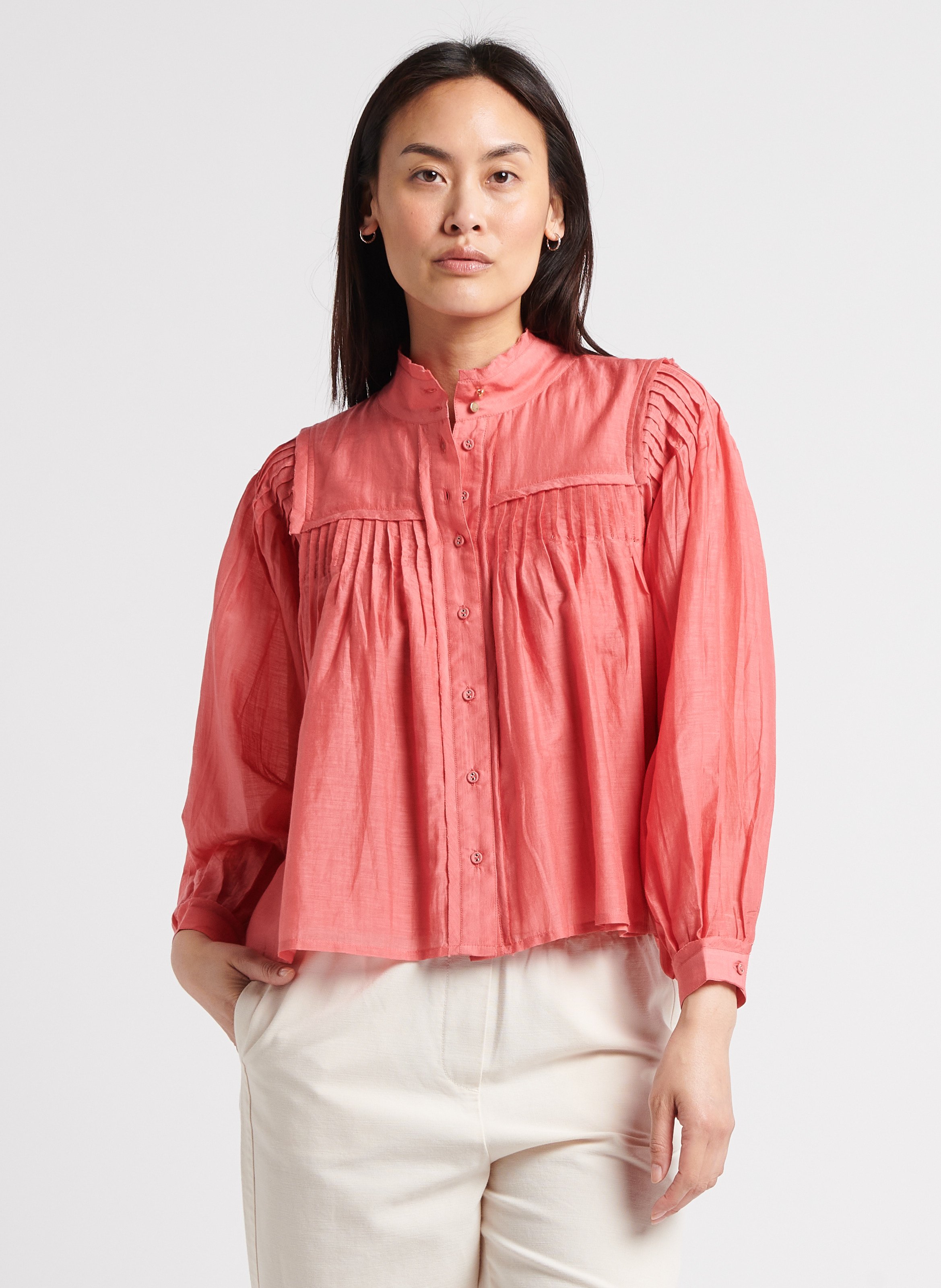 Blouse ample col montant en coton et soie mélangé BELLEPIECE Rose