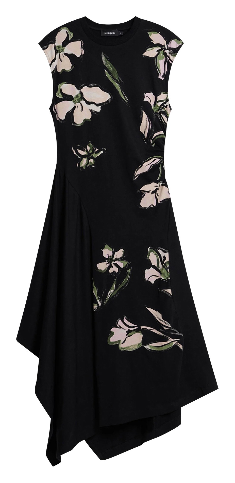 Abito midi a collo rotondo con stampa floreale. Nero