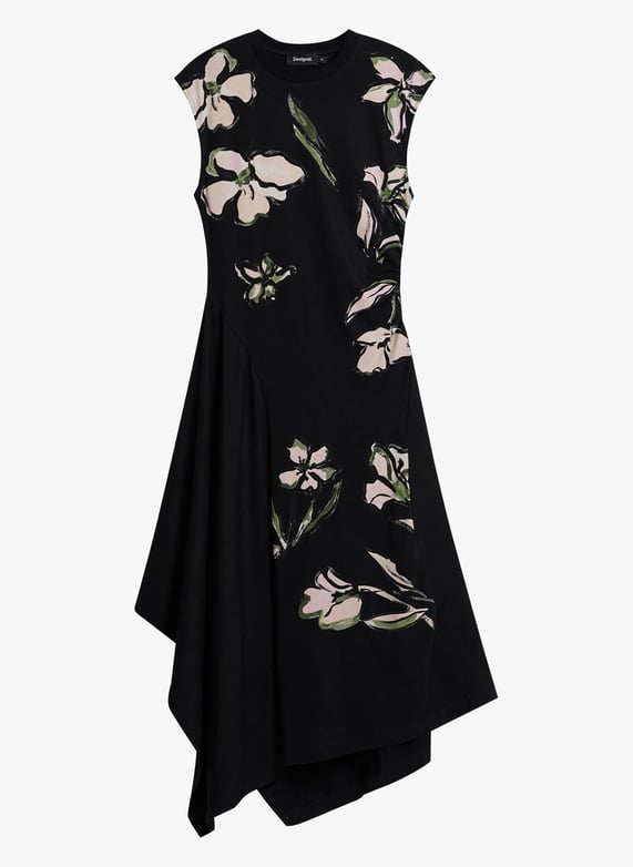 Vestido midi cuello redondo con estampado floral Noir Desigual