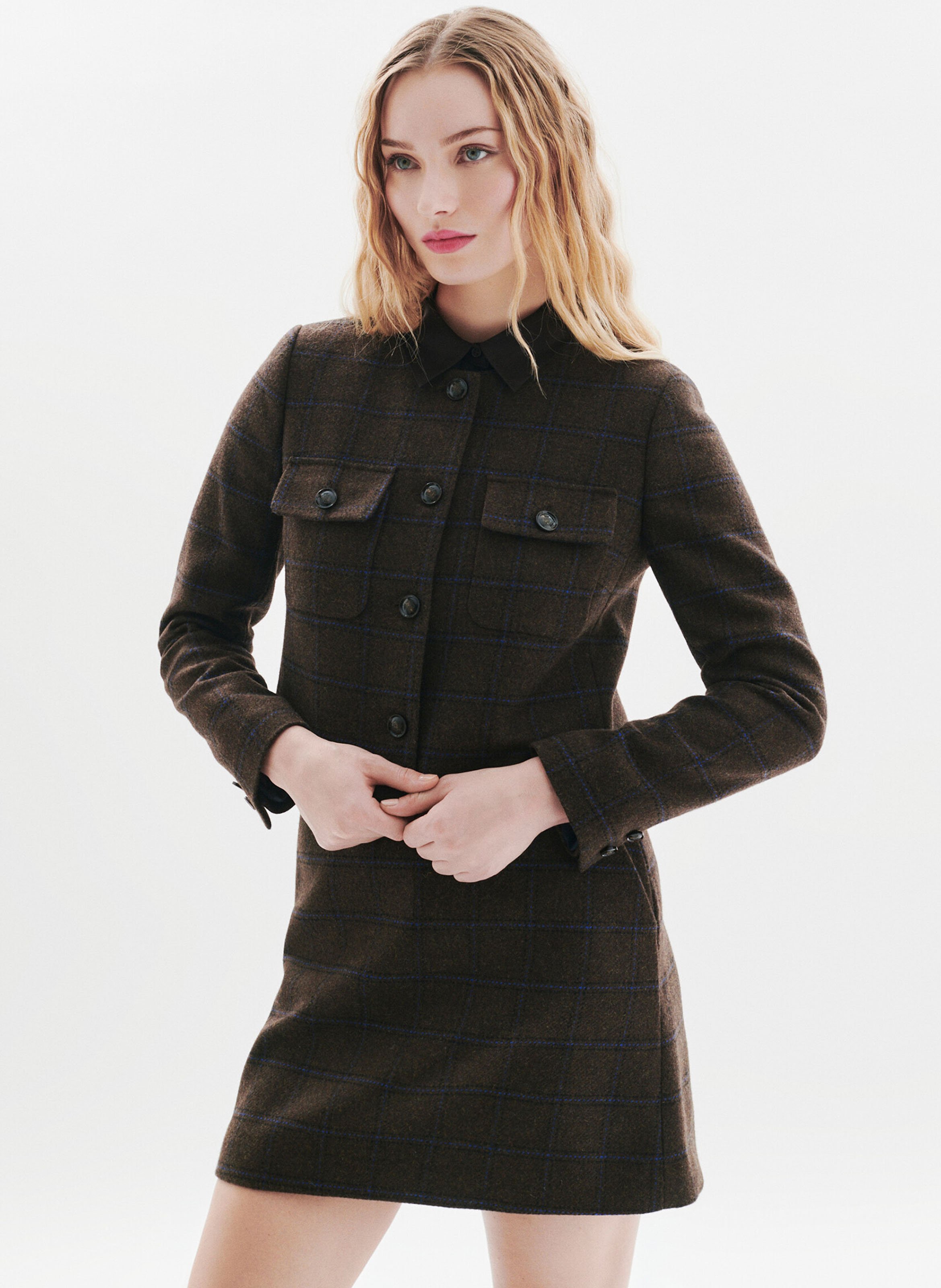 Short straight round neck wool blend jacket CAROLL Brown