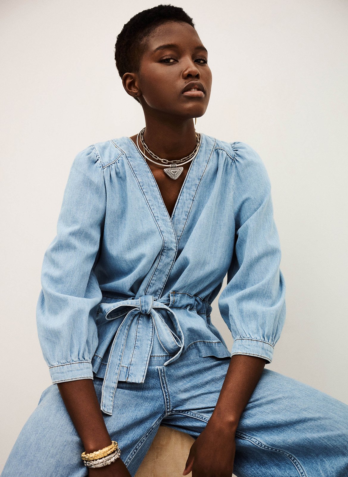 Straight cotton V-neck top BA&amp;SH Blue