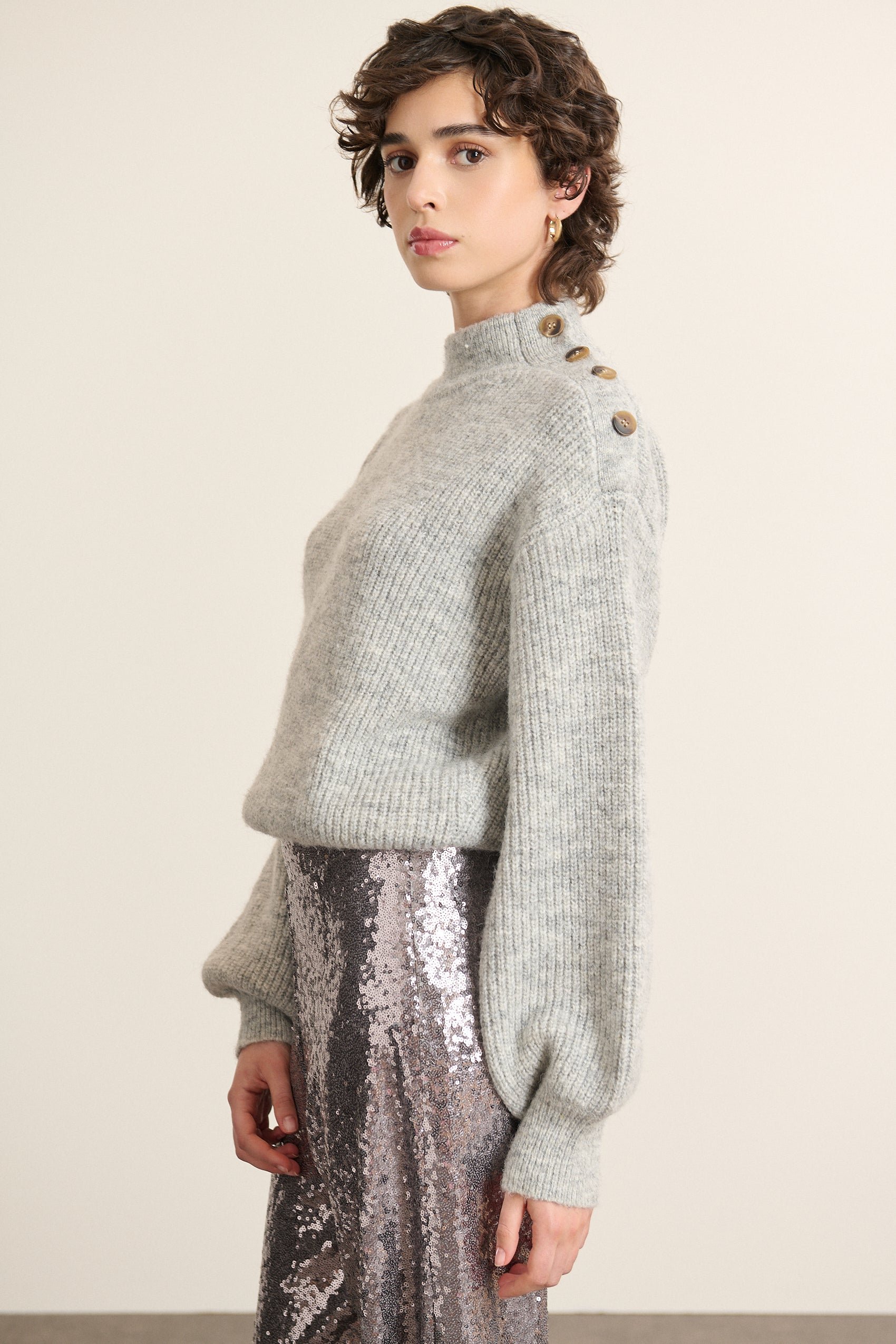 High neck buttoned wool blend sweater GARANCE PARIS Grey