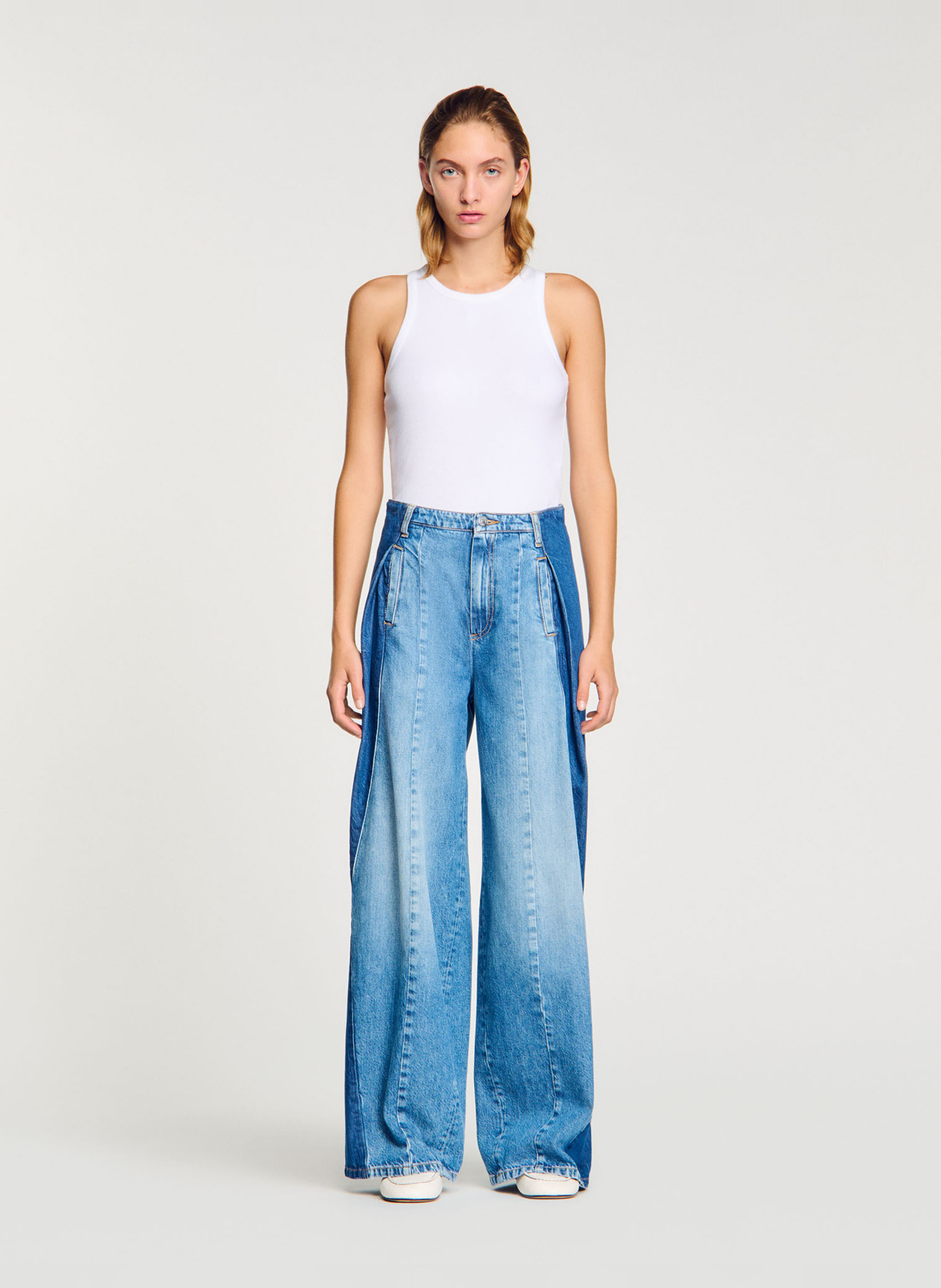 Jean large à empiècements en coton  SANDRO Bleu