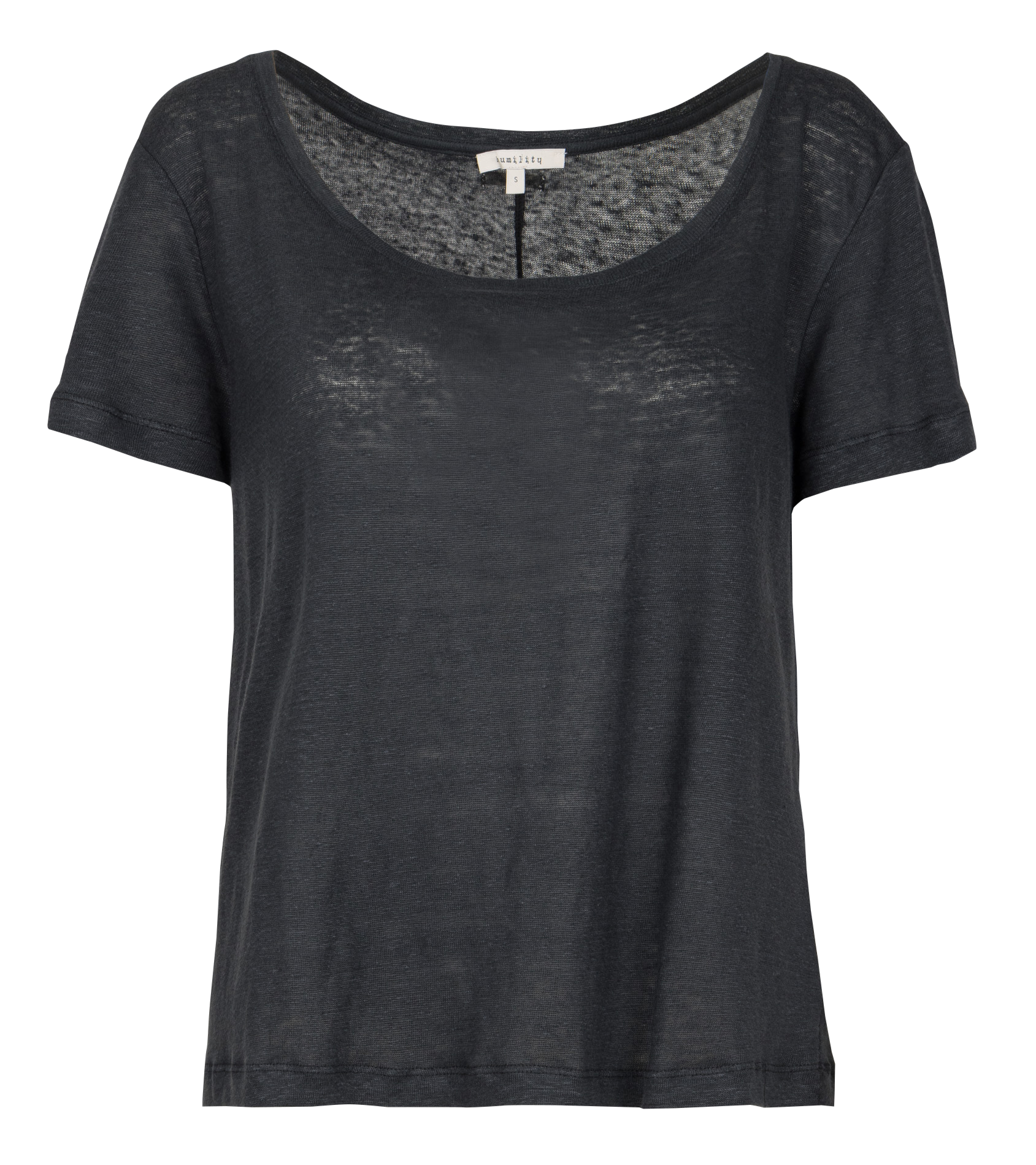 Losvallend recht linnen T-shirt met een flammé effect. HUMILITY Zwart