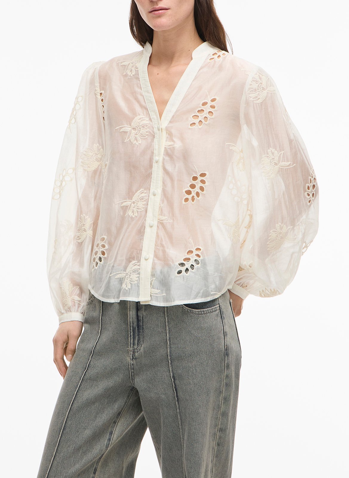 Chemise oversize col V brodée ROUGE EDIT Beige