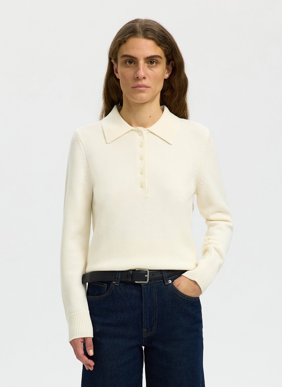 Lange mouwen polo in effen tricot SELECTED Wit