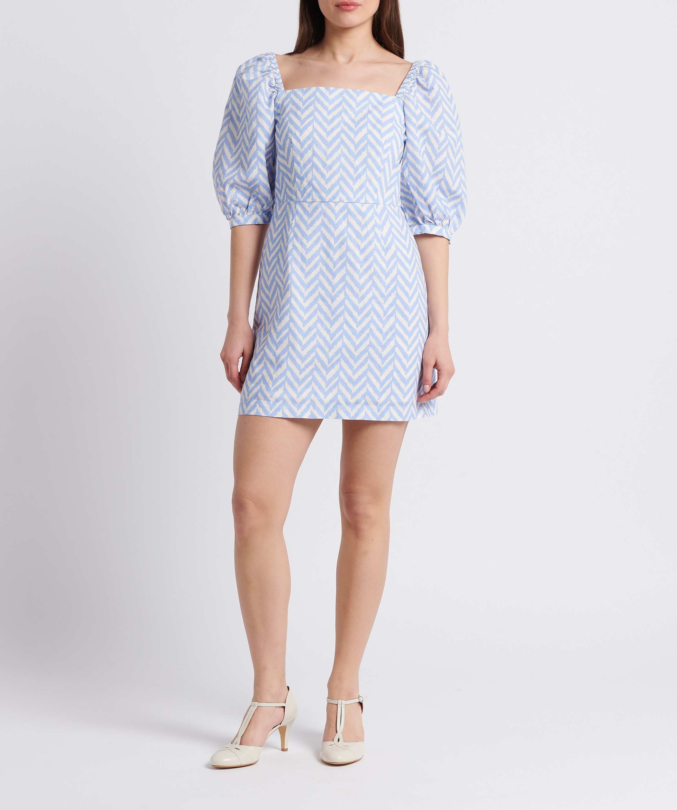 Square-neck printed cotton-blend short dress THE NEW SOCIETY Blue