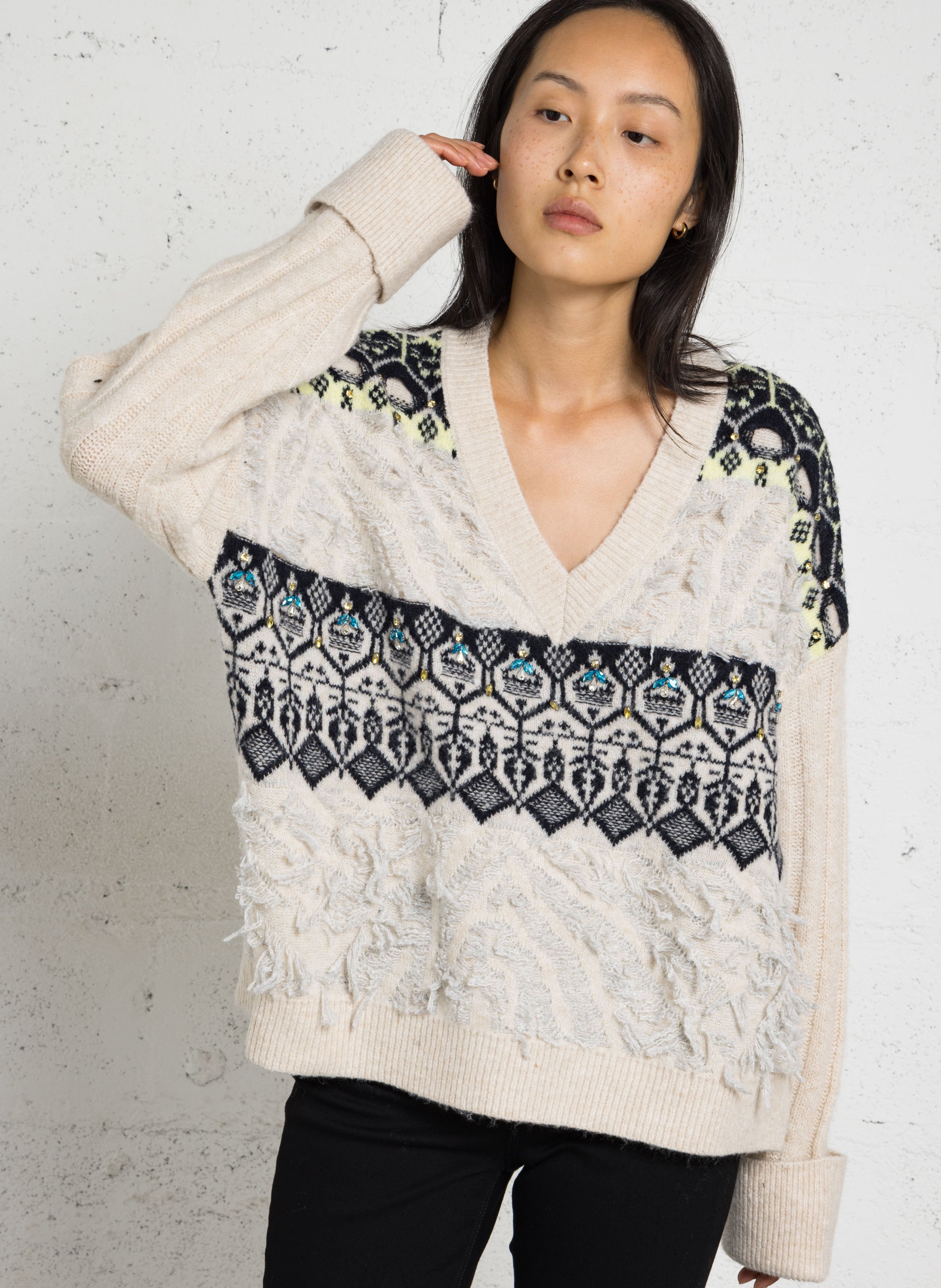 Ample V-neck sweater with rhinestone details LIU JO Multicolored