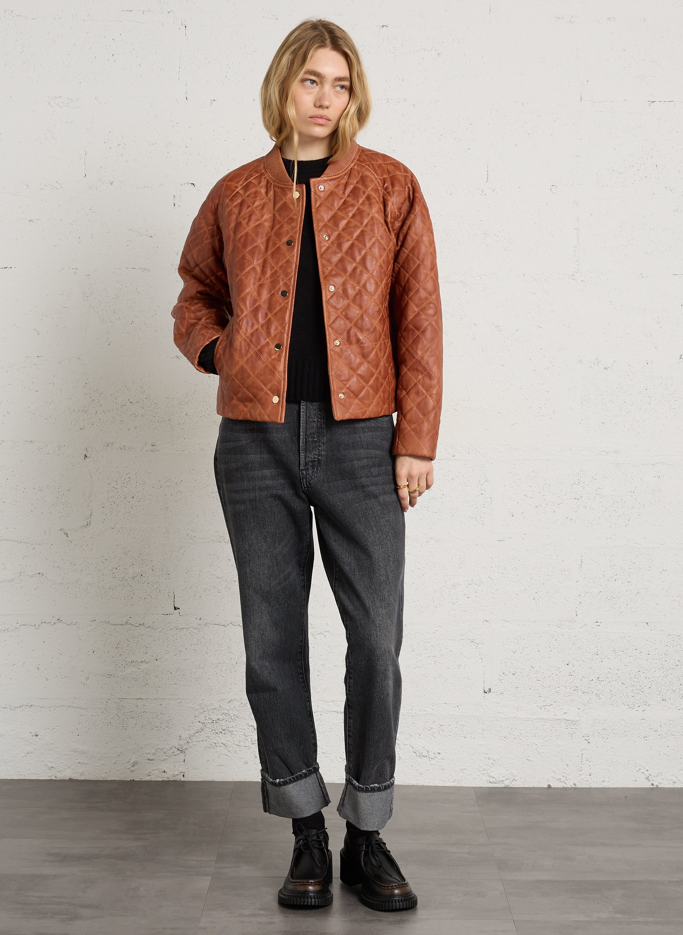 Veste oversize matelassée en cuir MAISON 123 Beige