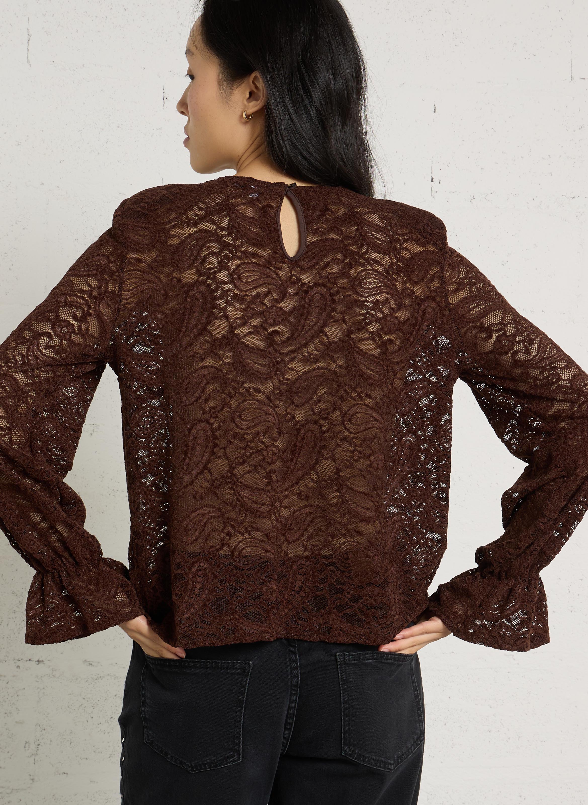 Top droit manches longues en dentelle PLEASE Marron
